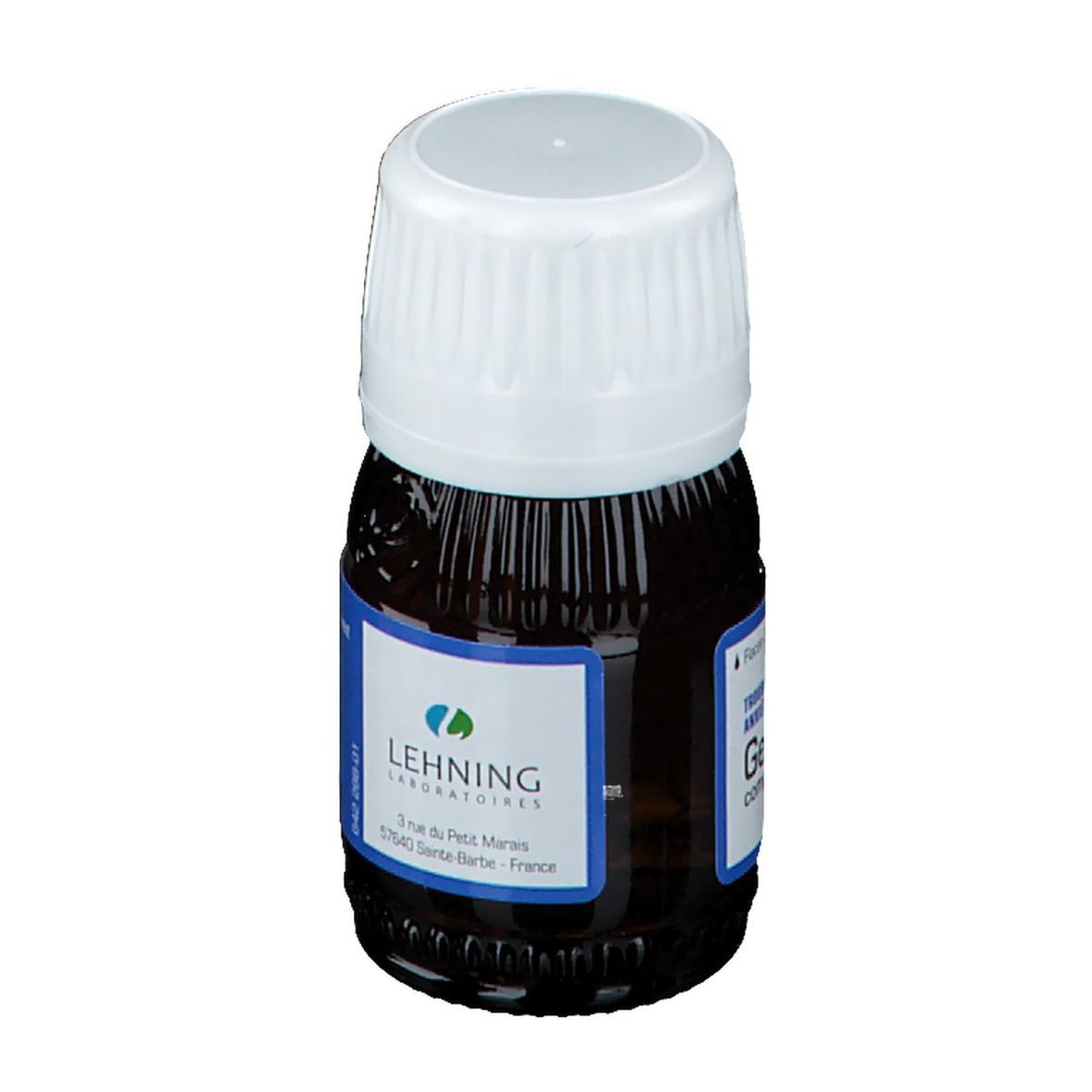 Flacon brun avec bouchon blanc. Étiquette bleue avec texte: LEHNING Laboratoires.