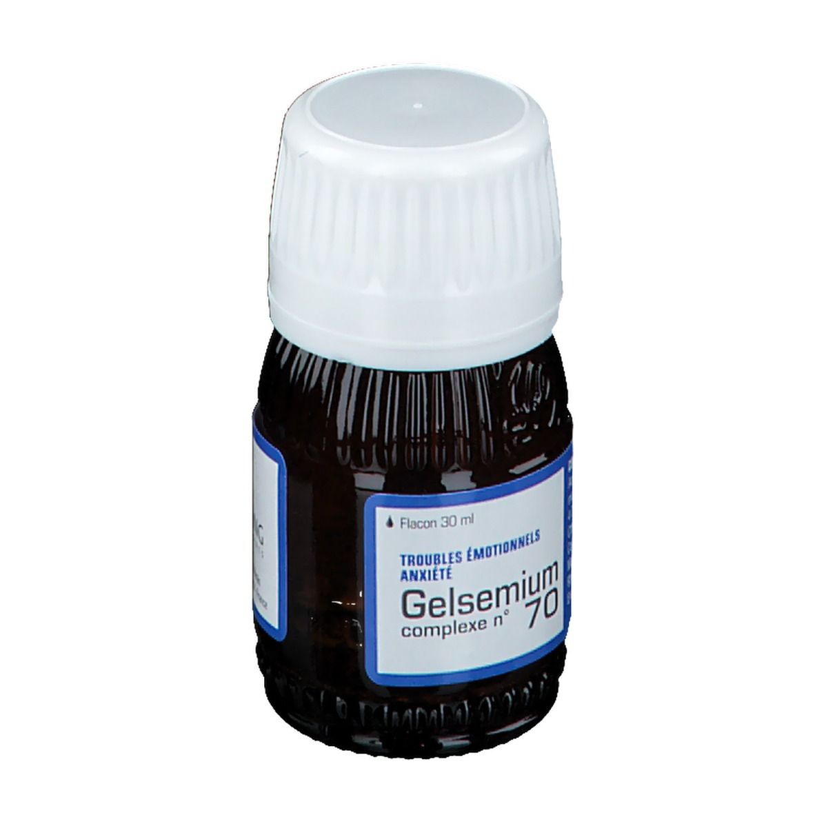 Flacon brun avec bouchon blanc. Étiquette: Gelsemium complexe n° 70, 30 ml, anxiété.