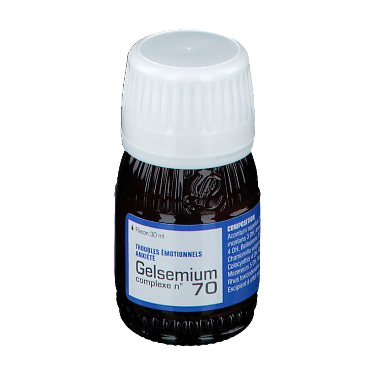 Flacon brun avec bouchon blanc. Étiquette: Gelsemium complexe n° 70, 30 ml, anxiété, ingrédients.
