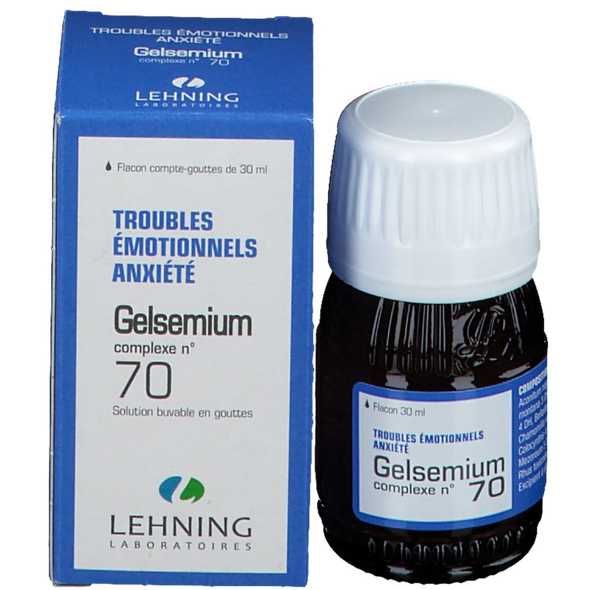Flacon et boîte. Flacon: Gelsemium complexe n° 70. Boîte: LEHNING, 30 ml.