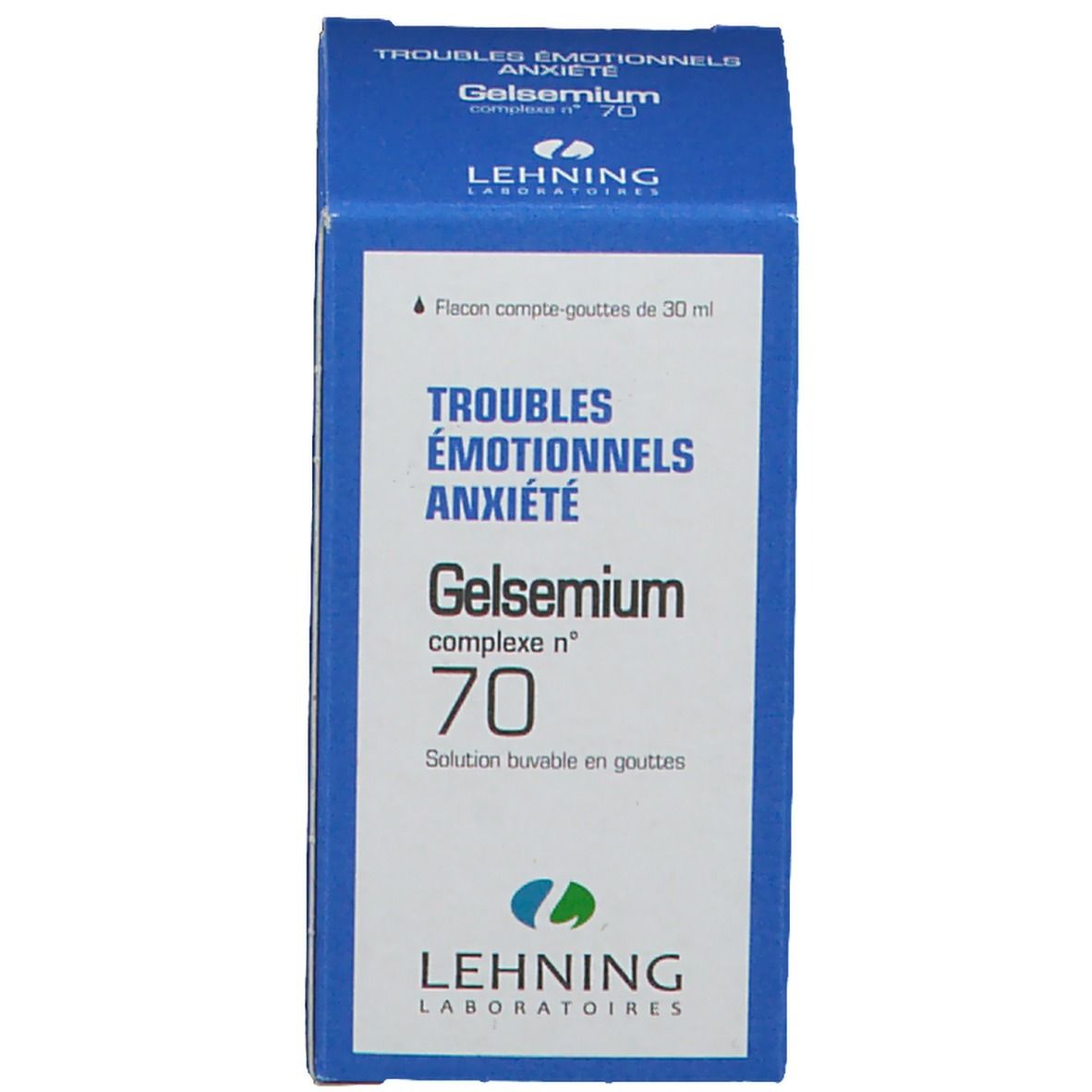 Boîte bleue avec texte: Gelsemium complexe n° 70, LEHNING Laboratoires, 30 ml.