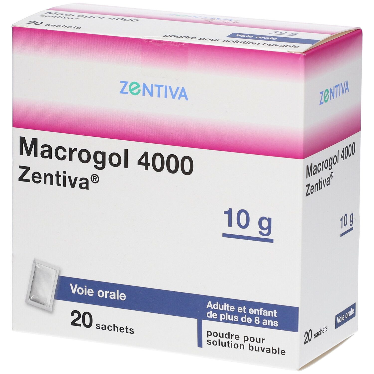 Boîte de Macrogol 4000 Zentiva®, 10 g. Contient 20 sachets. Inscription: Voie orale, poudre pour solution buvable.