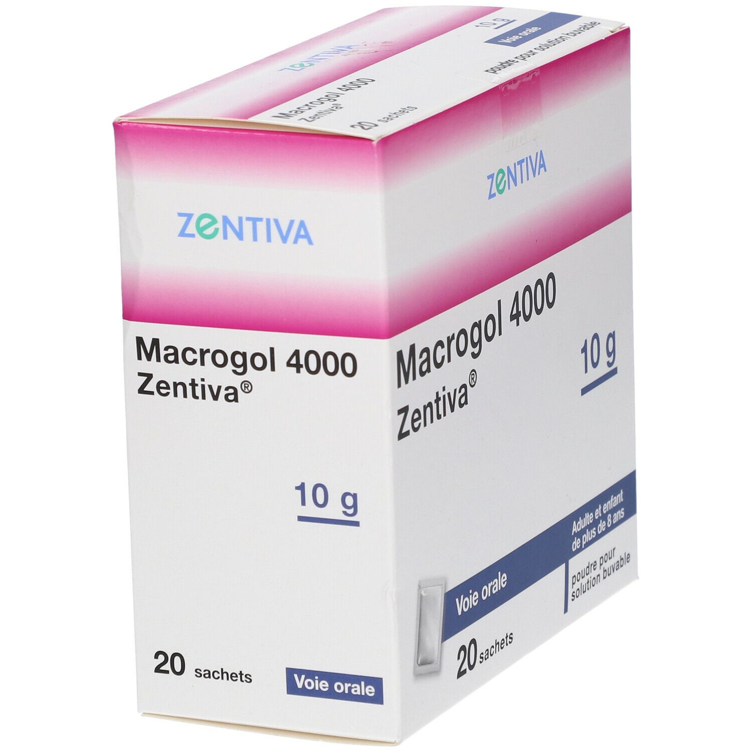Boîte de Macrogol 4000 Zentiva®, 10 g. Contient 20 sachets. Inscription: Voie orale, poudre pour solution buvable.