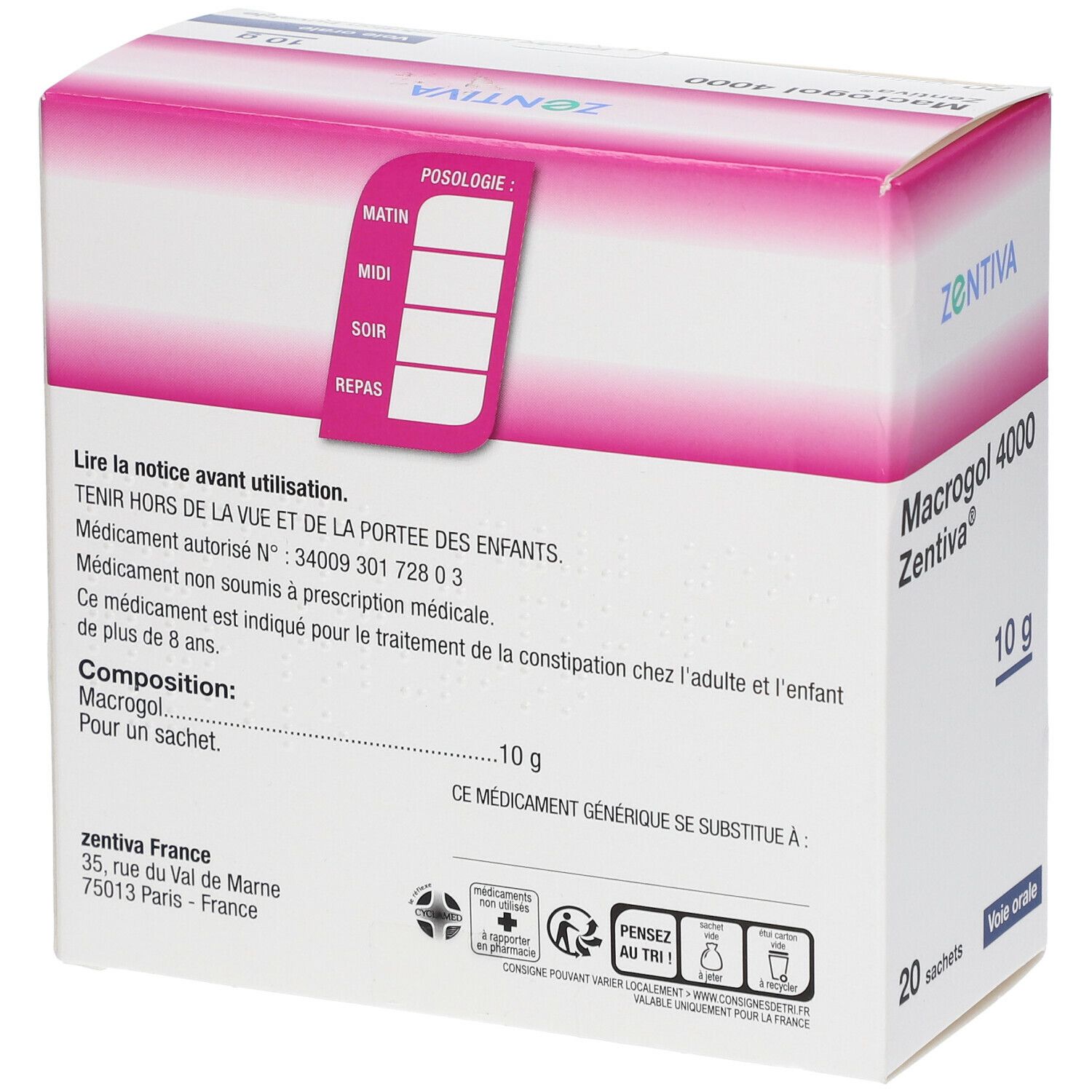 Dos de la boîte de Macrogol 4000 Zentiva®. Informations sur l'utilisation et la composition. 20 sachets.