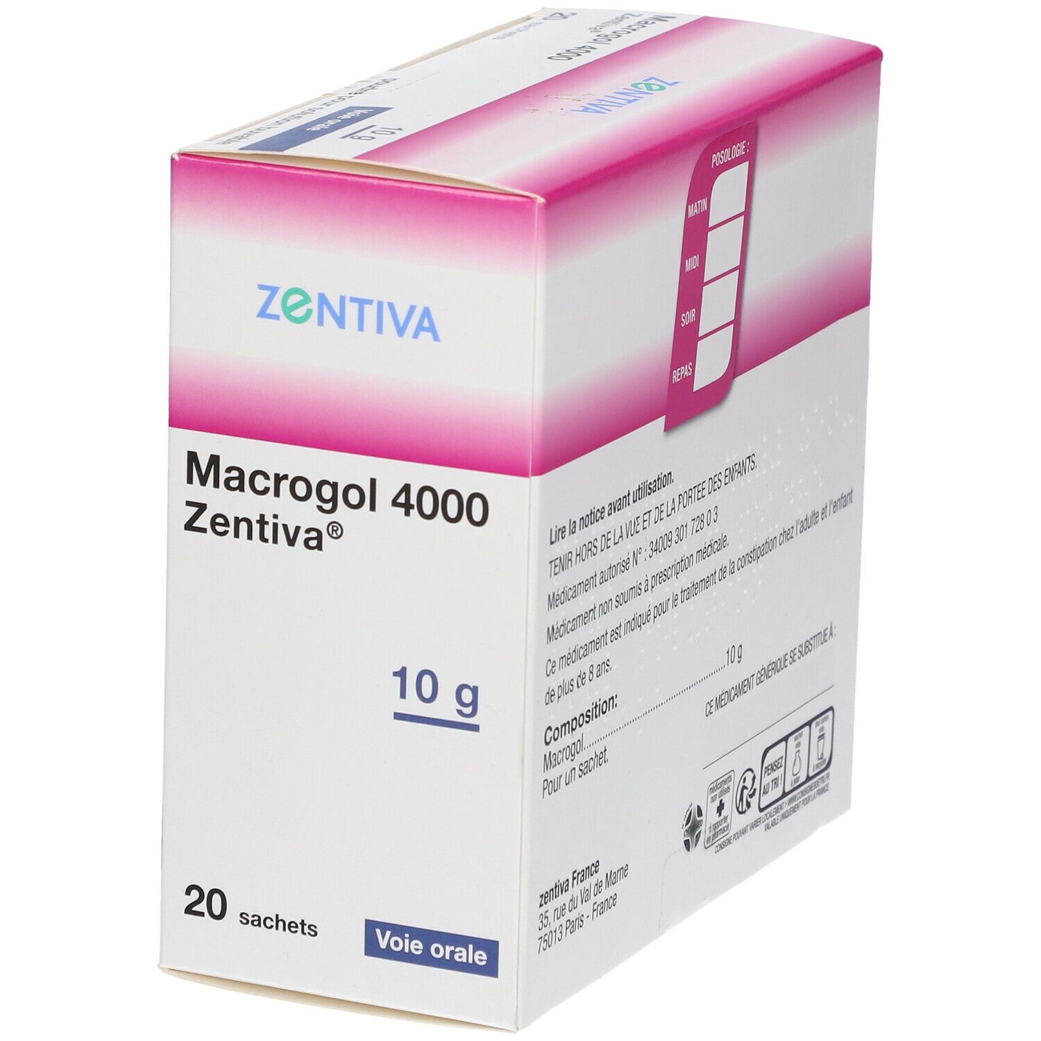 Boîte de Macrogol 4000 Zentiva®, 10 g. Contient 20 sachets. Inscription: Voie orale, poudre pour solution buvable.