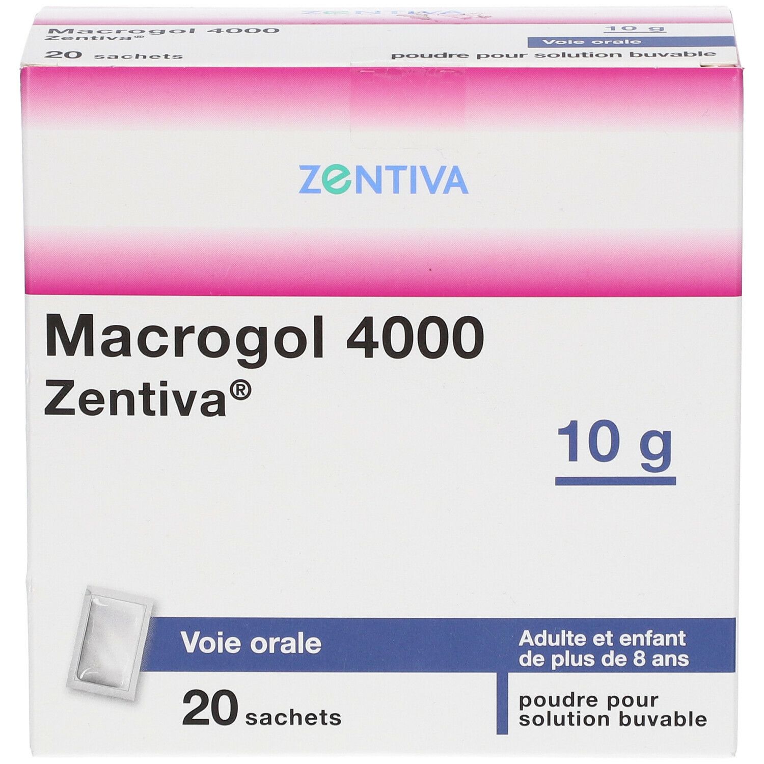 Boîte de Macrogol 4000 Zentiva®, 10 g. Contient 20 sachets. Inscription: Voie orale, poudre pour solution buvable.