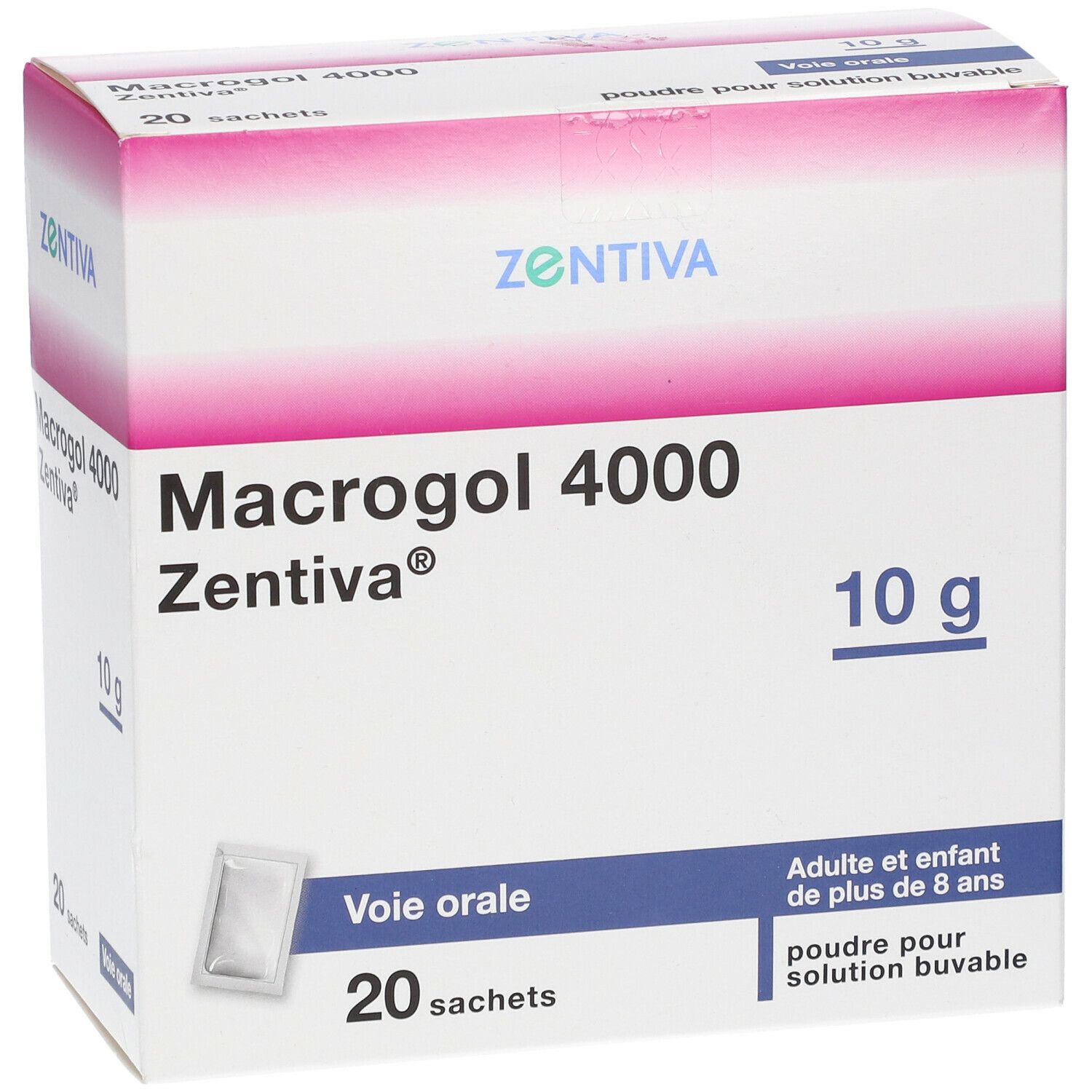 Boîte de Macrogol 4000 Zentiva®, 10 g. Contient 20 sachets. Inscription: Voie orale, poudre pour solution buvable.