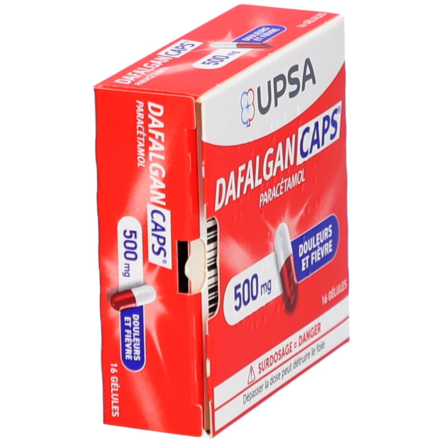 Boîte rouge avec capsule. Inscription: DAFALGAN CAPS, 500mg, Paracétamol. 16 gélules. Logo UPSA.