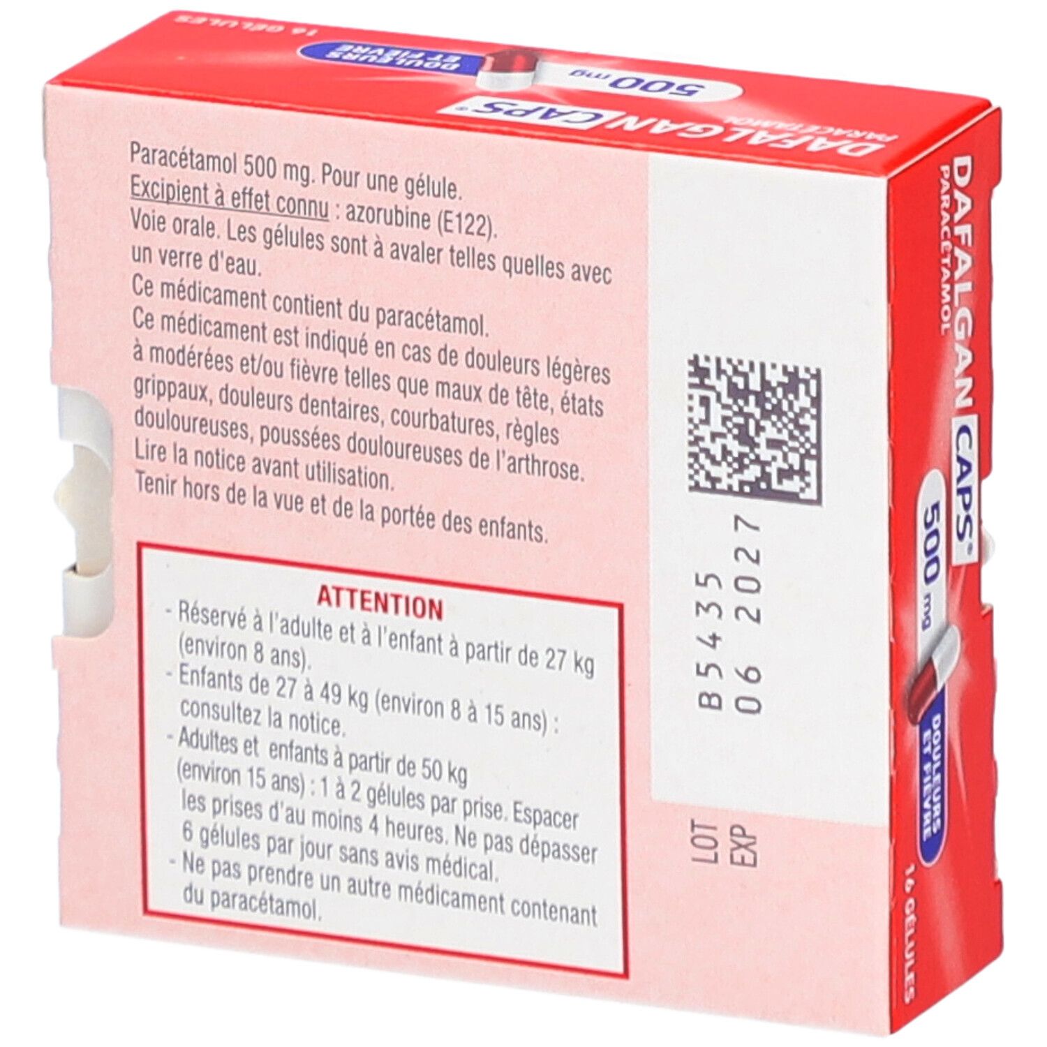 Dos de la boîte rouge. Texte: DAFALGAN CAPS, 500mg, Paracétamol. Informations et avertissements. Numéro de lot et date d'expiration.