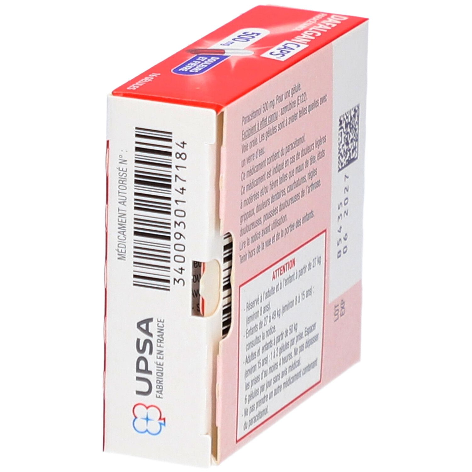 Boîte rouge, vue latérale. Inscription: DAFALGAN CAPS, 500mg, Paracétamol. Informations et avertissements. Logo UPSA.