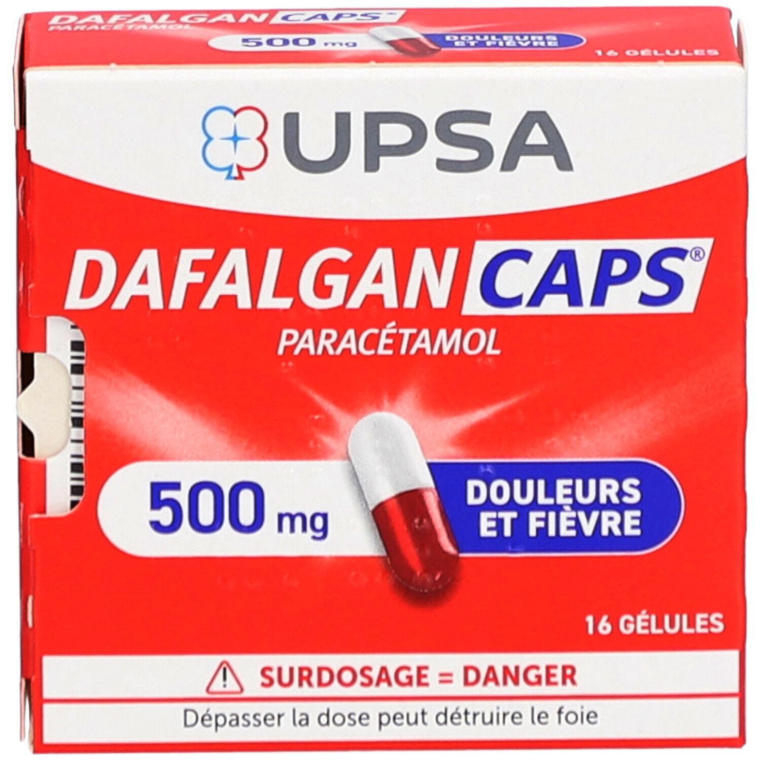 Boîte rouge avec capsule. Inscription: DAFALGAN CAPS, 500mg, Paracétamol. 16 gélules. Logo UPSA.