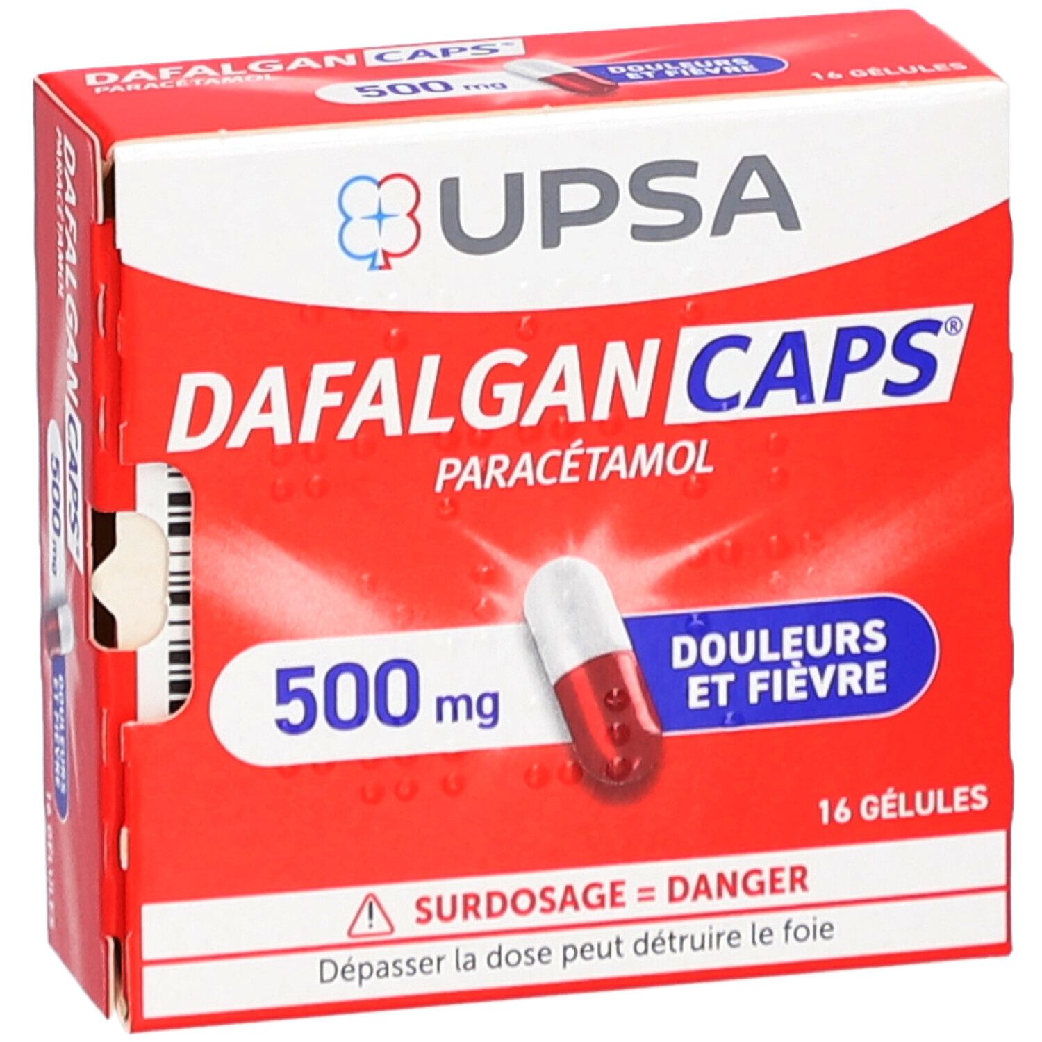 Boîte rouge avec capsule. Inscription: DAFALGAN CAPS, 500mg, Paracétamol. 16 gélules. Logo UPSA.