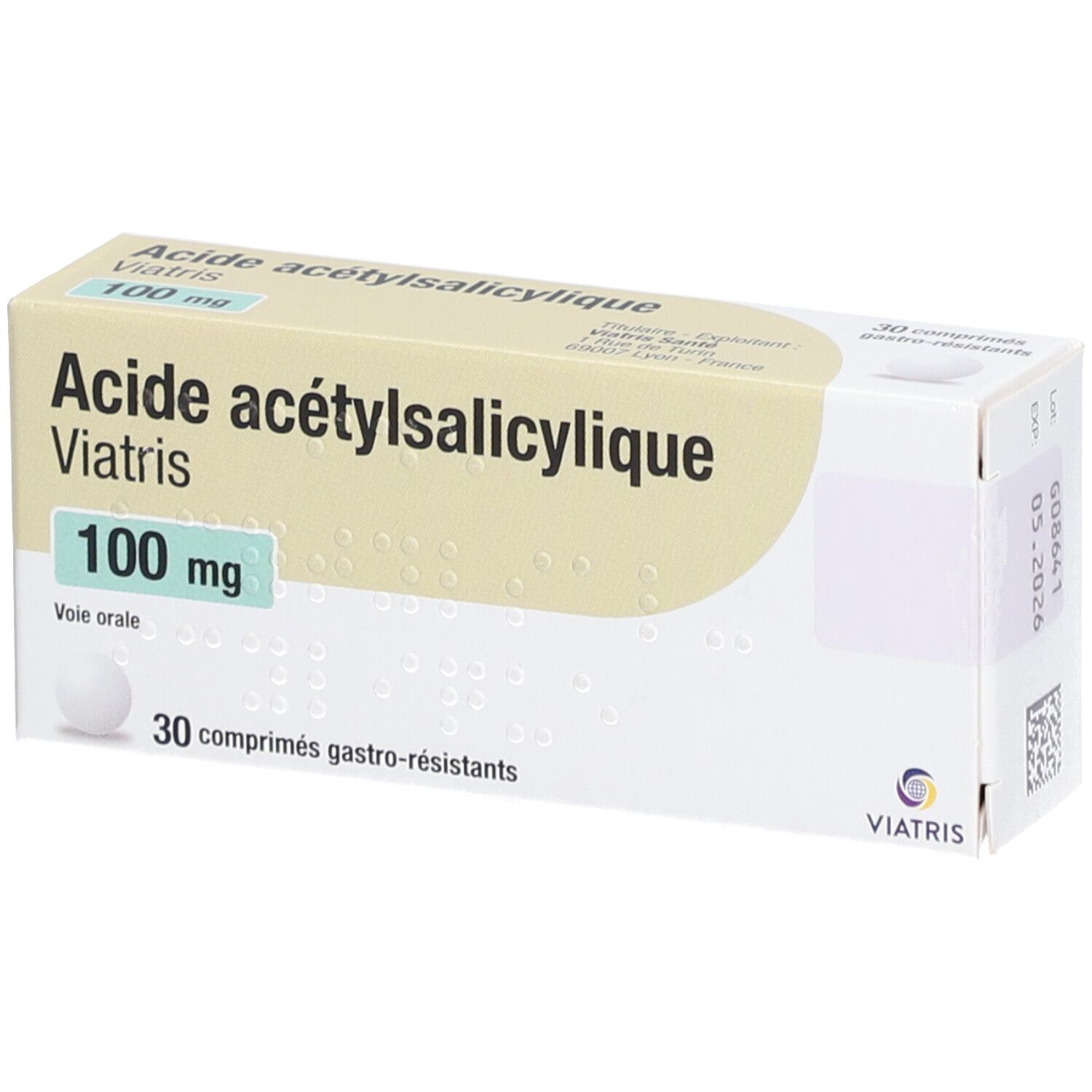 Acide Acetylsalicylique Viatris 100 mg, comprimé gastro-résistant, boîte de 30