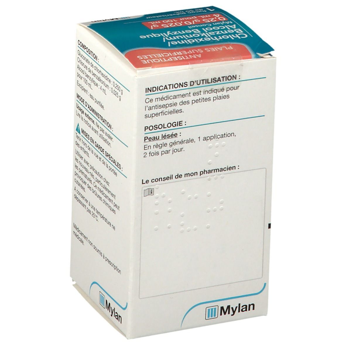 Boîte blanche avec texte. Indications, posologie, conseil du pharmacien. Logo Mylan.