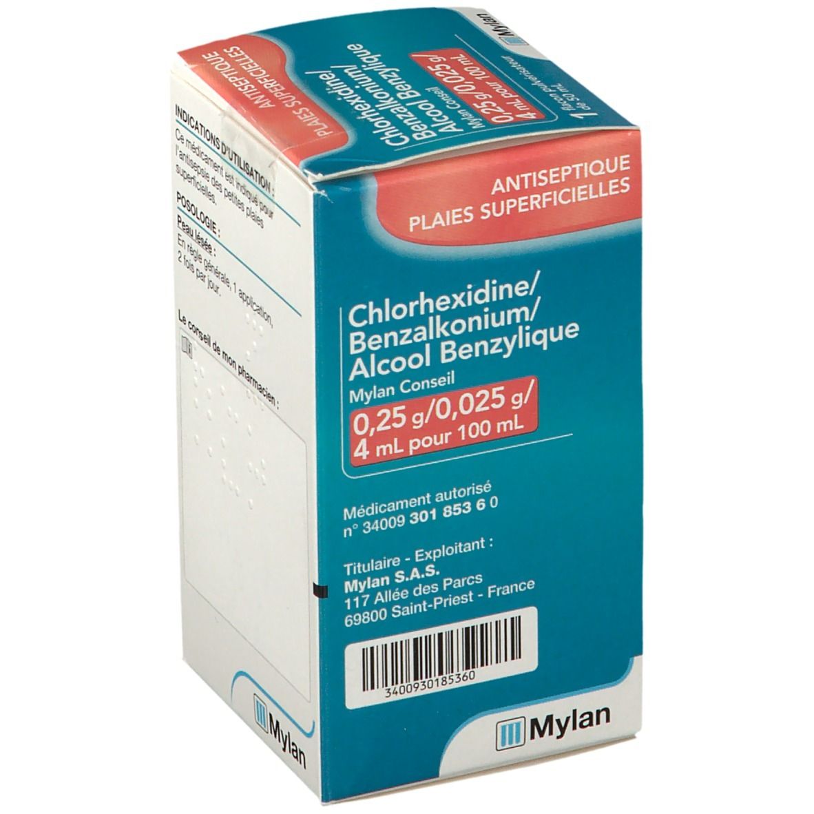 Boîte bleue et blanche. Inscription : Chlorhexidine/Benzalkonium/Alcool Benzylique. 0,25 g/0,025 g/4 ml pour 100 ml. Mylan.
