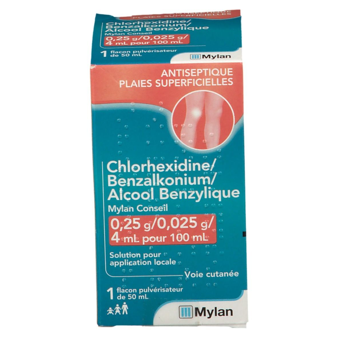 Boîte bleue et blanche. Inscription : Chlorhexidine/Benzalkonium/Alcool Benzylique. 0,25 g/0,025 g/4 ml pour 100 ml. Mylan.
