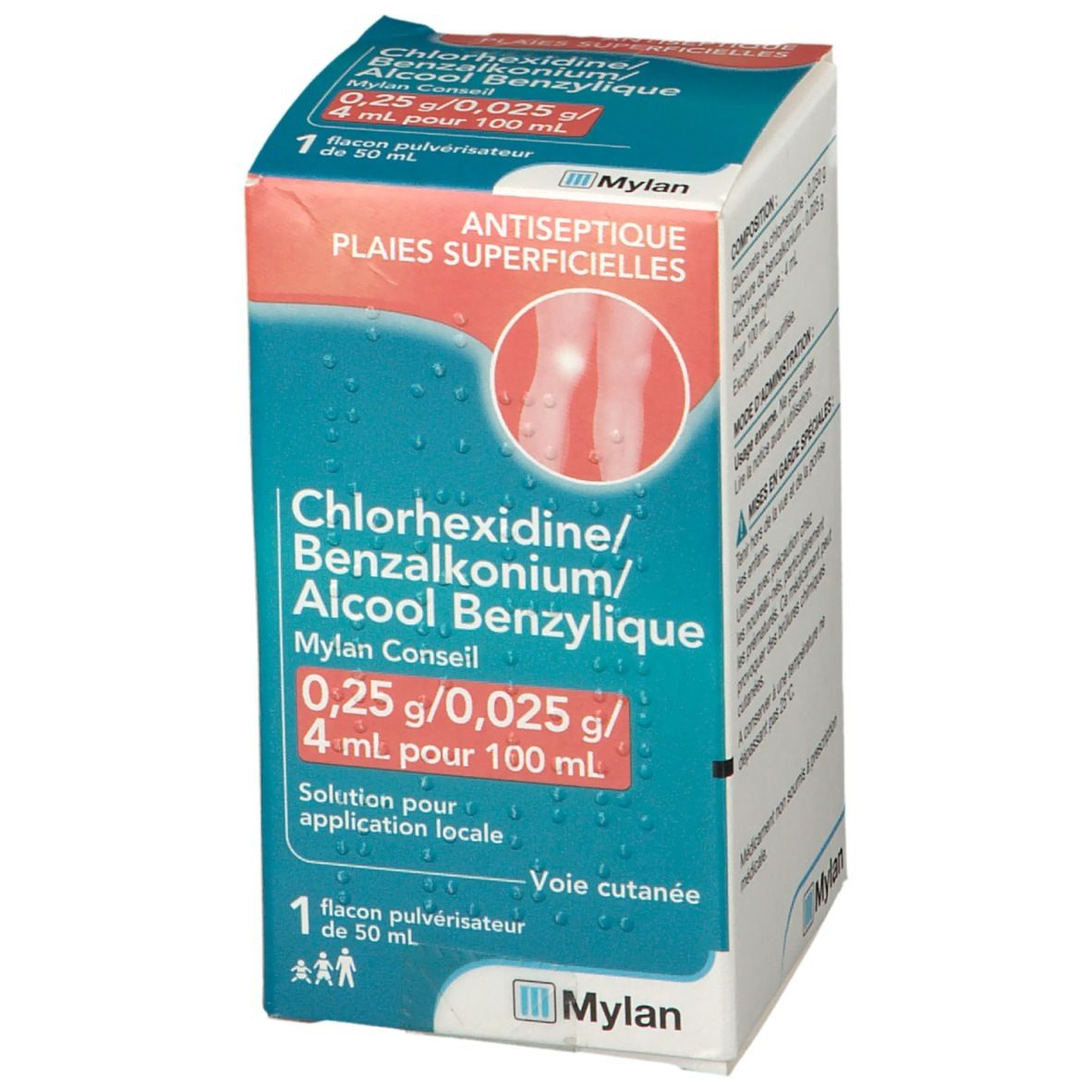 Boîte bleue et blanche. Inscription : Chlorhexidine/Benzalkonium/Alcool Benzylique. 0,25 g/0,025 g/4 ml pour 100 ml. Mylan.