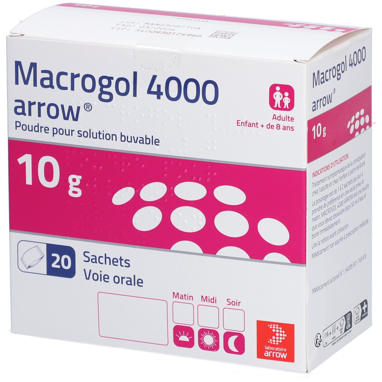Boîte de Macrogol 4000 arrow. 10g, 20 sachets. Pour adultes et enfants +8 ans. Emballage rose et blanc.
