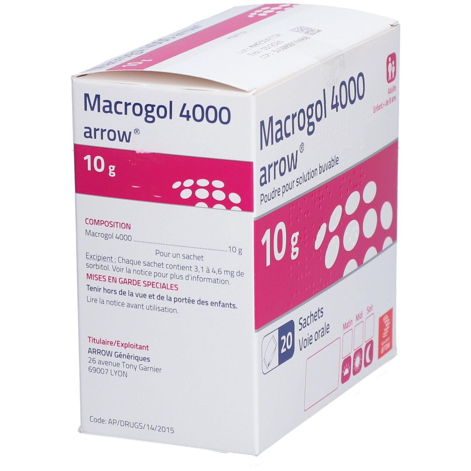 Boîte de Macrogol 4000 arrow. 10g, 20 sachets. Informations produit sur le côté. Emballage rose et blanc.