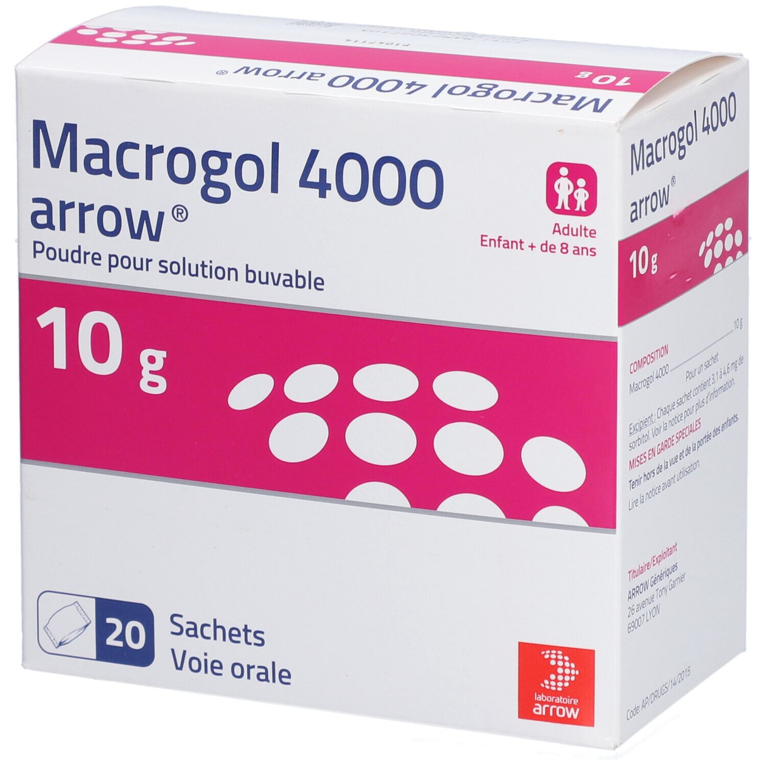 Boîte de Macrogol 4000 arrow. 10g, 20 sachets. Pour adultes et enfants +8 ans. Emballage rose et blanc.