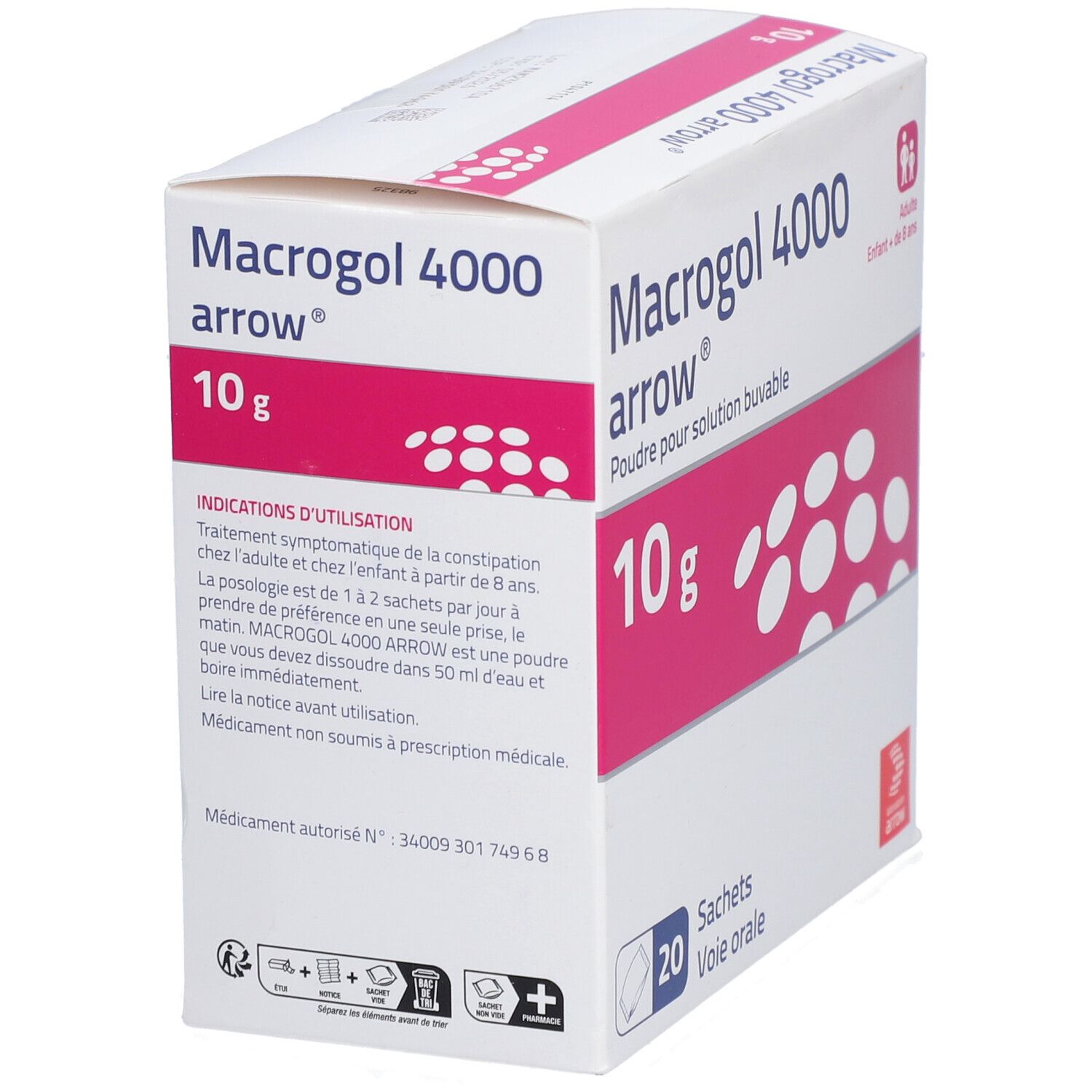 Boîte de Macrogol 4000 arrow. 10g, 20 sachets. Instructions d'utilisation sur le côté. Emballage rose et blanc.