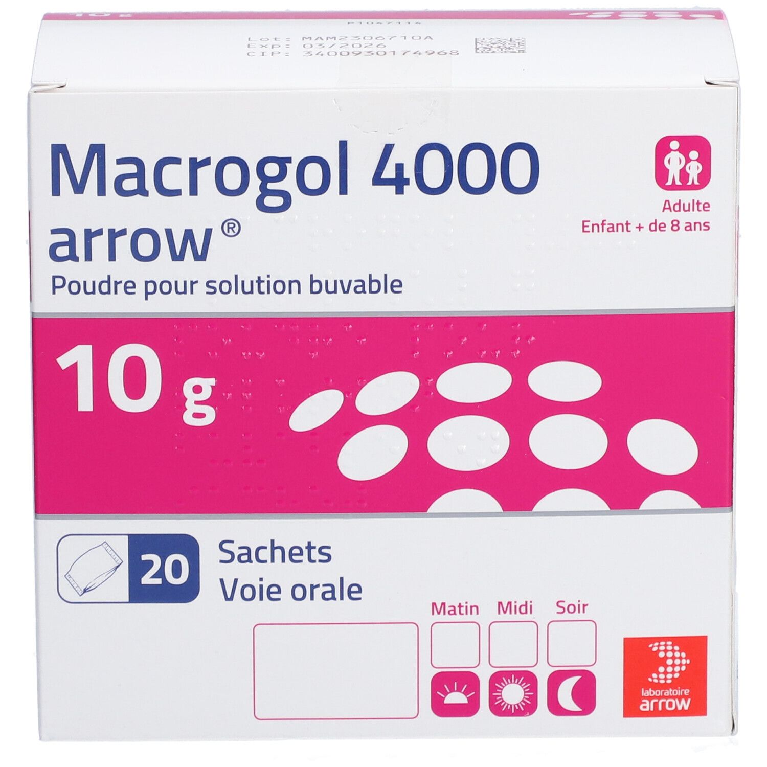 Boîte de Macrogol 4000 arrow. 10g, 20 sachets. Pour adultes et enfants +8 ans. Emballage rose et blanc.