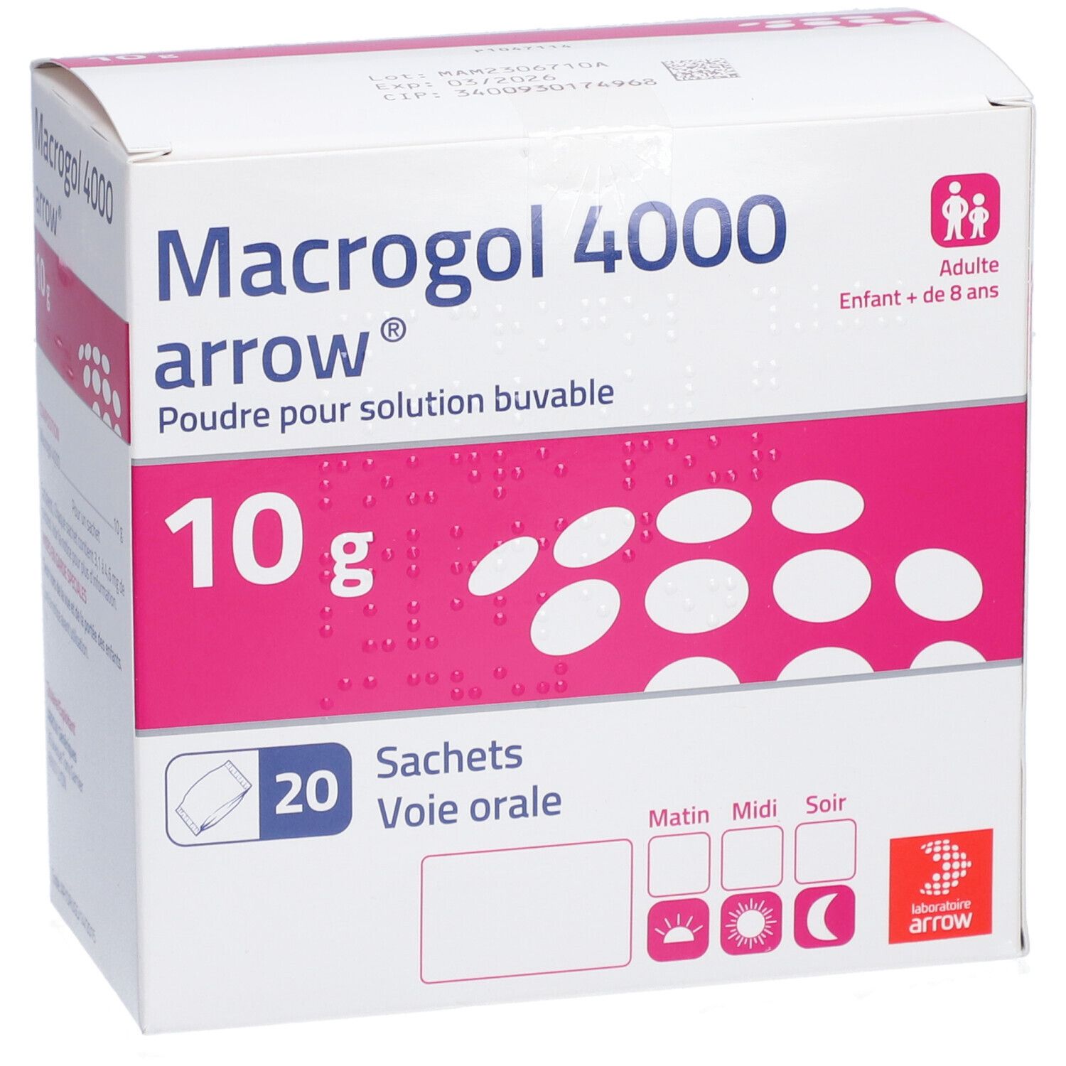 Boîte de Macrogol 4000 arrow. 10g, 20 sachets. Pour adultes et enfants +8 ans. Emballage rose et blanc.