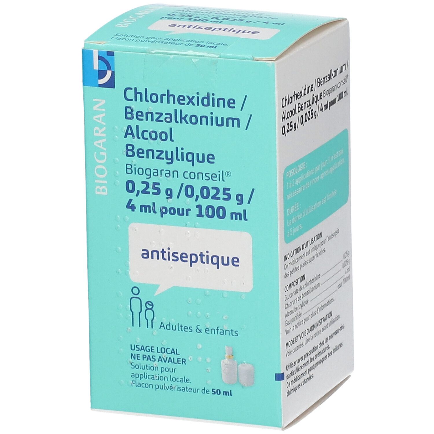 Boîte avec nom du produit et ingrédients. Inscription: antiseptique. Contient flacon pulvérisateur.