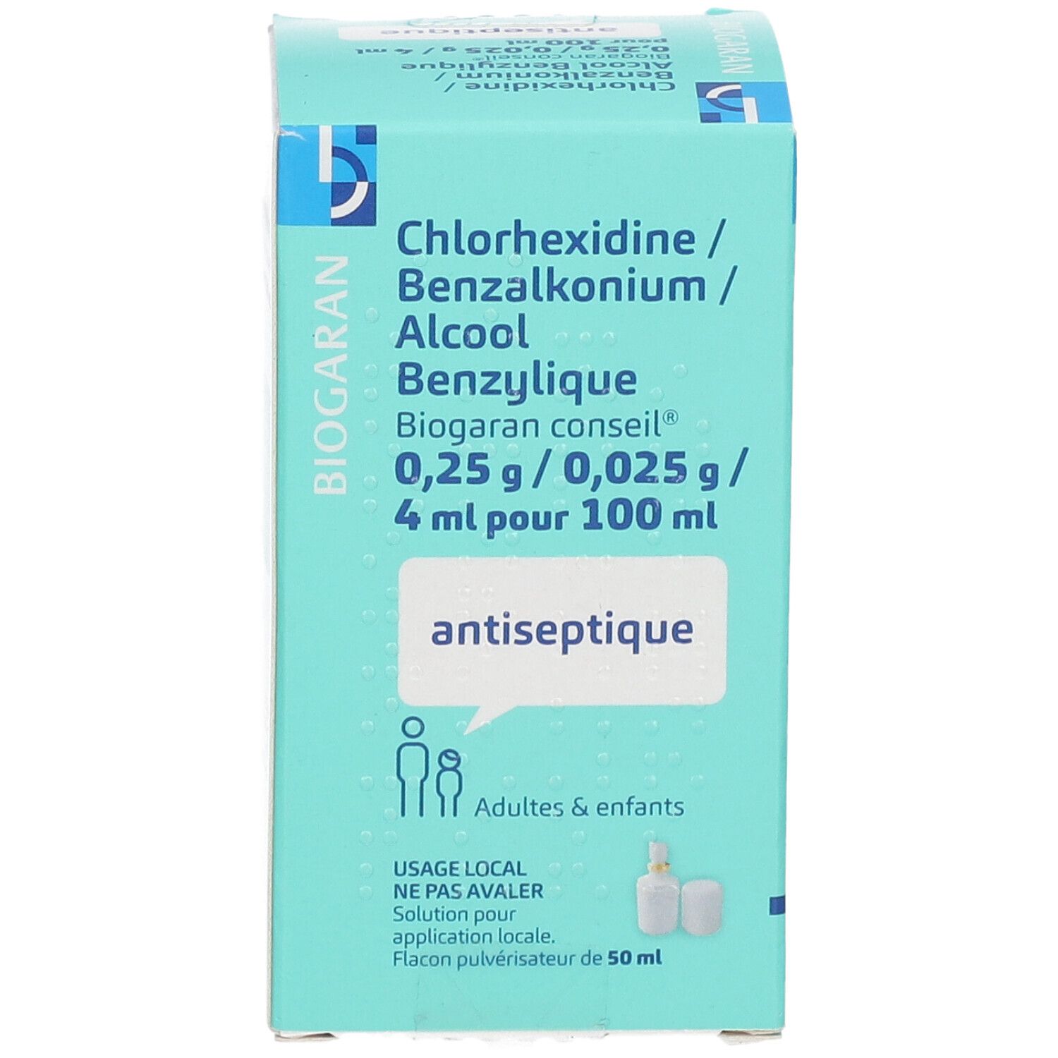 Boîte avec nom du produit et ingrédients. Inscription: antiseptique. Contient flacon pulvérisateur.