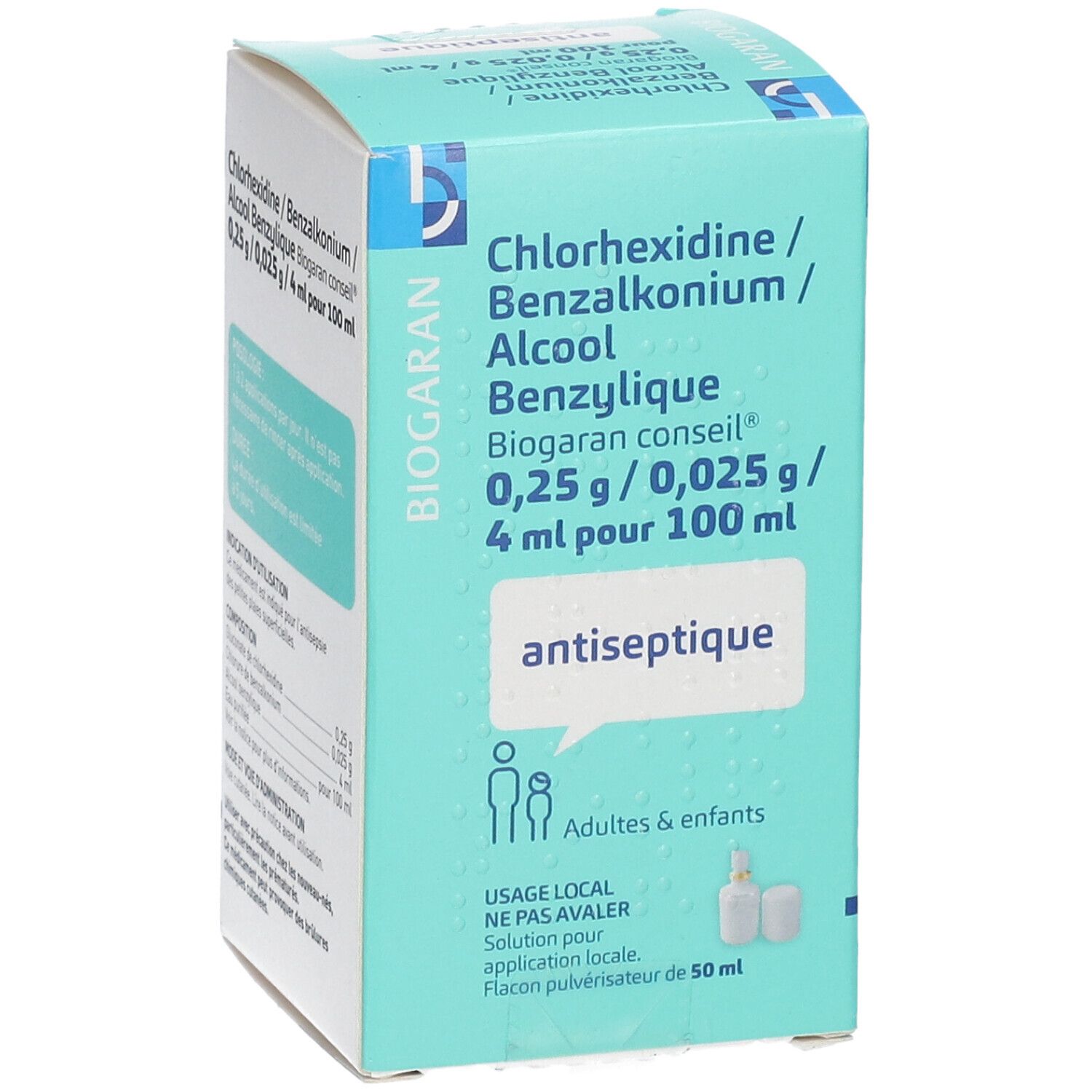 Boîte avec nom du produit et ingrédients. Inscription: antiseptique. Contient flacon pulvérisateur.