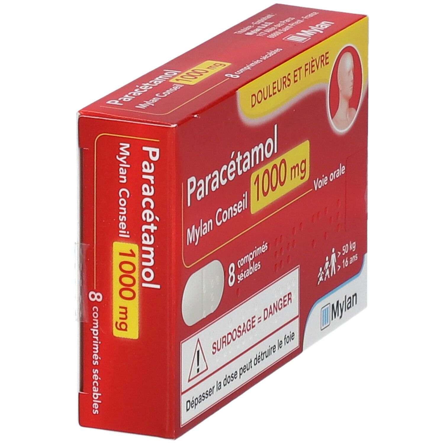 Boîte rouge Paracétamol Mylan Conseil 1000 mg. 8 comprimés. Comprimés visibles. Avertissements sur l'emballage.
