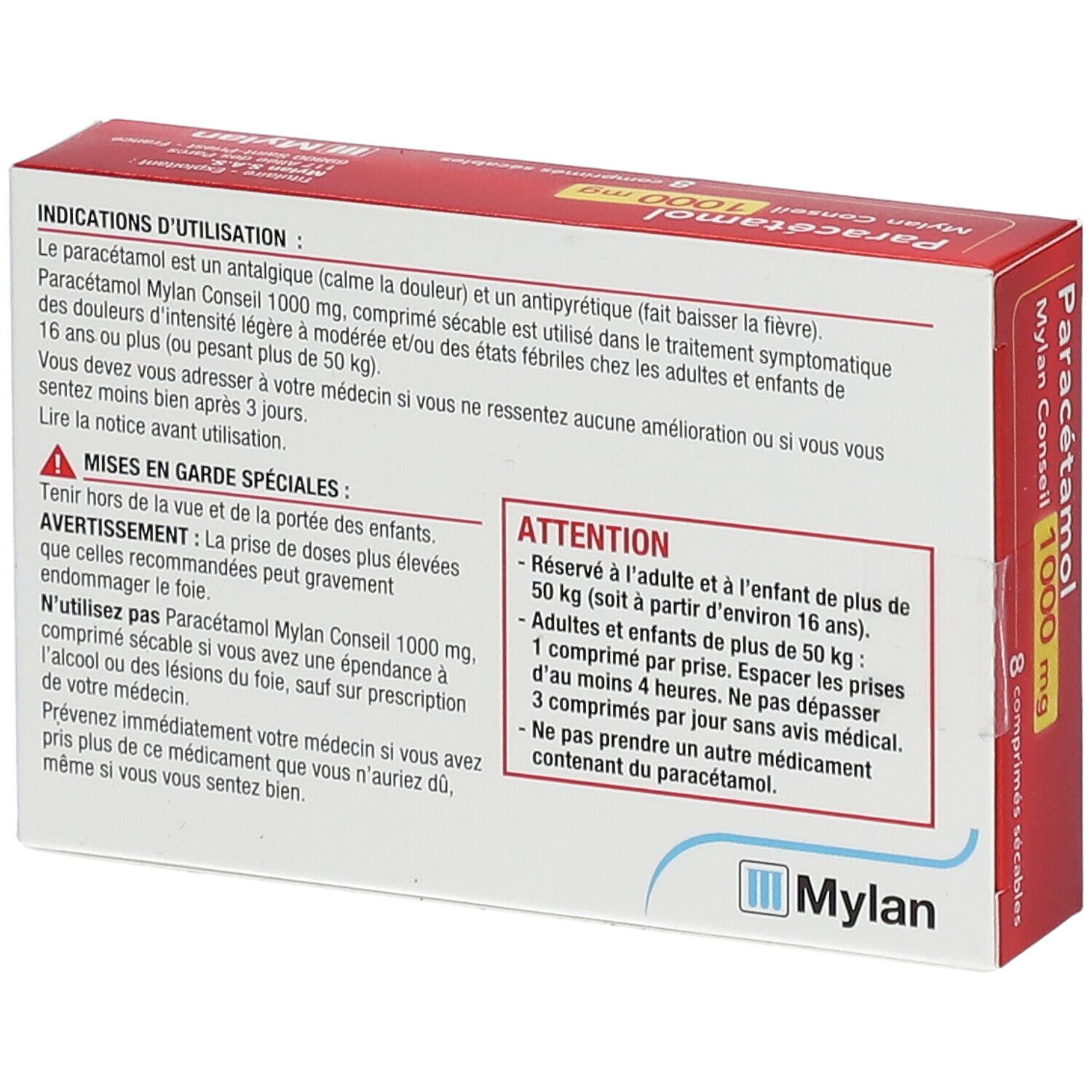 Dos de la boîte Paracétamol Mylan Conseil 1000 mg. Texte avec instructions et avertissements. Logo Mylan.