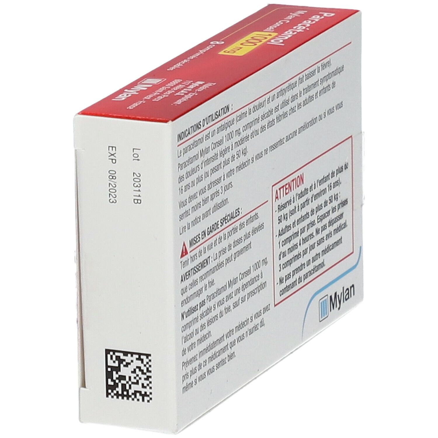 Côté de la boîte Paracétamol Mylan Conseil 1000 mg. Texte avec date d'expiration et QR code. Logo Mylan.