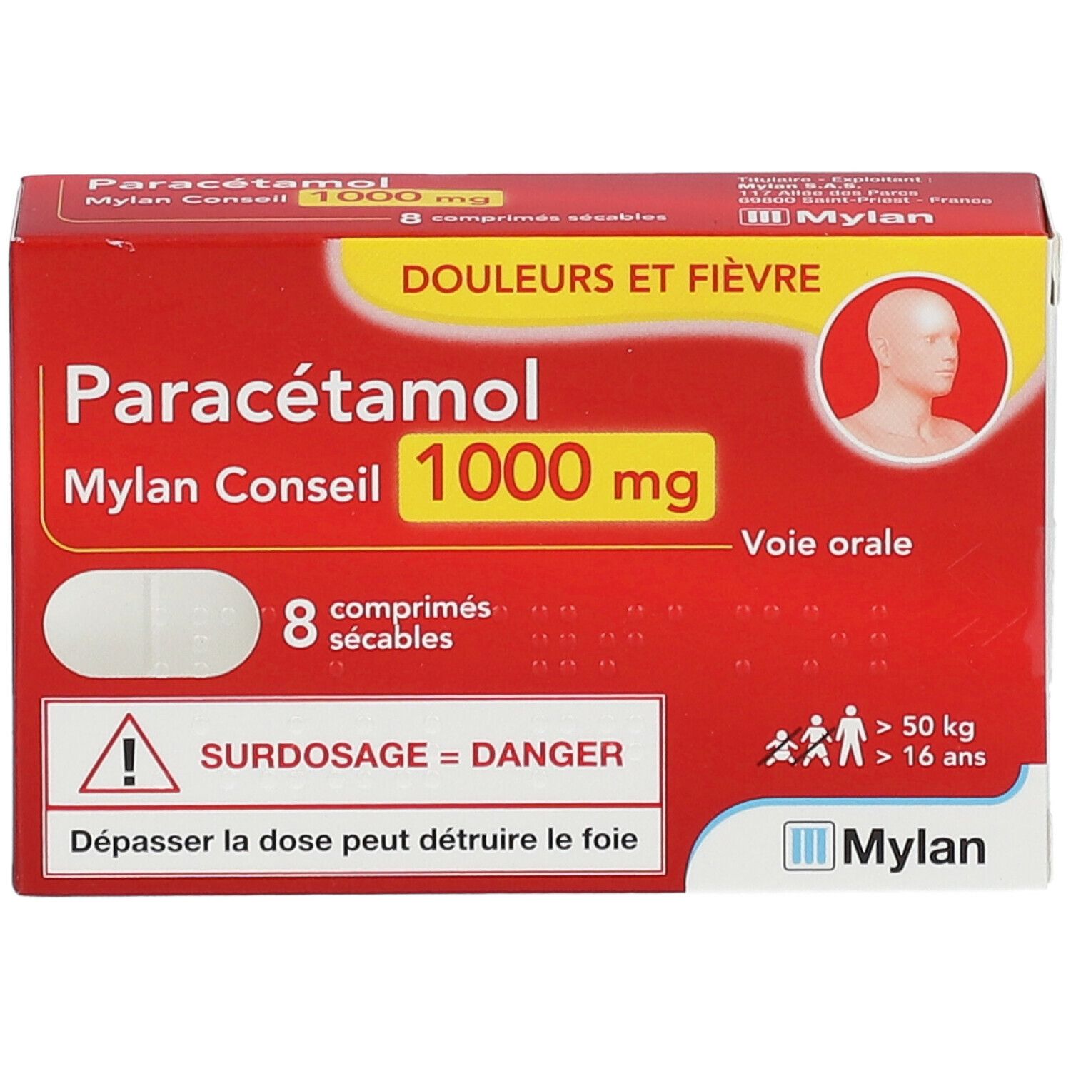 Boîte rouge Paracétamol Mylan Conseil 1000 mg. 8 comprimés. Comprimés visibles. Avertissements sur l'emballage.