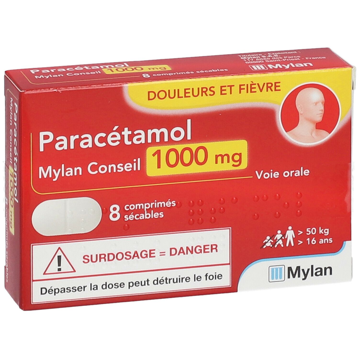 Boîte rouge Paracétamol Mylan Conseil 1000 mg. 8 comprimés. Comprimés visibles. Avertissements sur l'emballage.