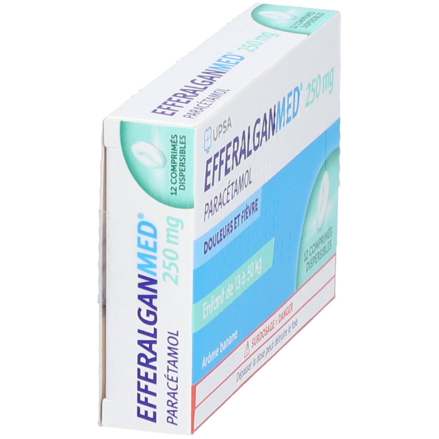 Boîte EFFERALGANMED 250 mg, paracétamol. Inscription: Douleurs et fièvre. 12 comprimés. Pour enfants de 13 à 50 kg.