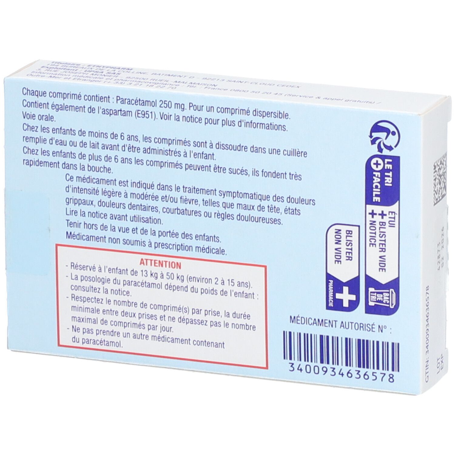 Dos de la boîte EFFERALGANMED 250 mg. Texte: Paracétamol, posologie, avertissements. Pour enfants de 13 à 50 kg.