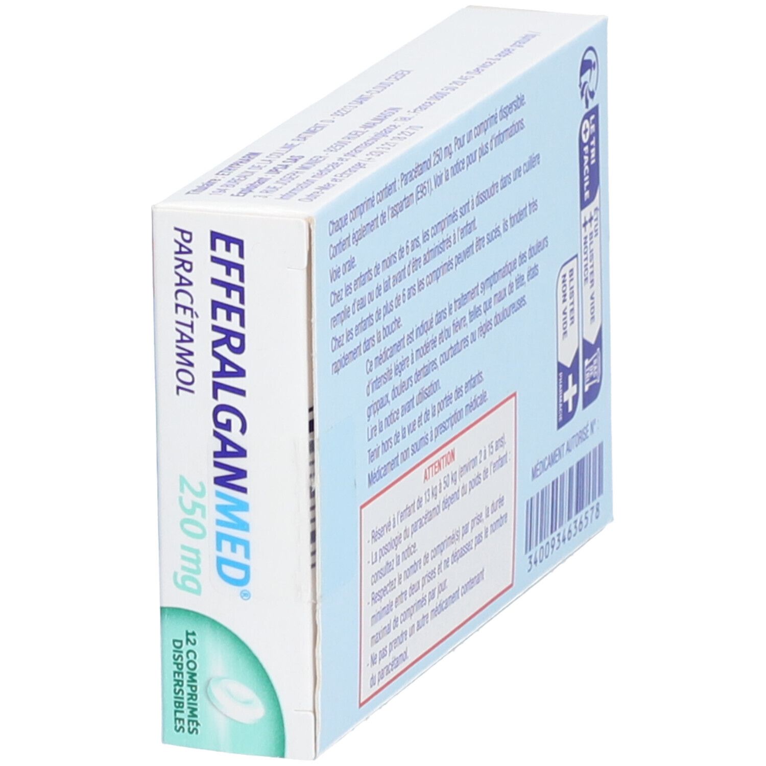 Dos de la boîte EFFERALGANMED 250 mg. Texte: Paracétamol, posologie, avertissements. Pour enfants de 13 à 50 kg.