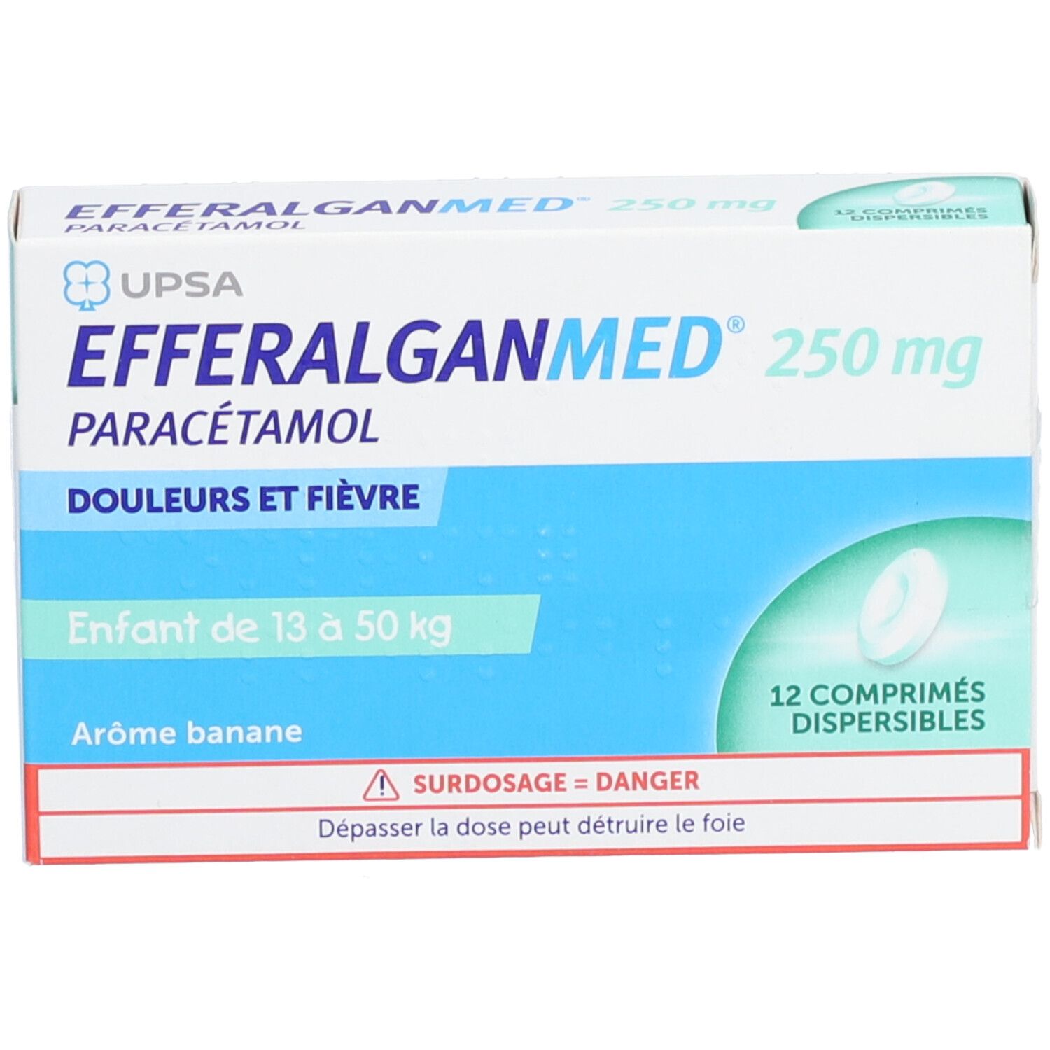 Boîte EFFERALGANMED 250 mg, paracétamol. Inscription: Douleurs et fièvre. 12 comprimés. Pour enfants de 13 à 50 kg.
