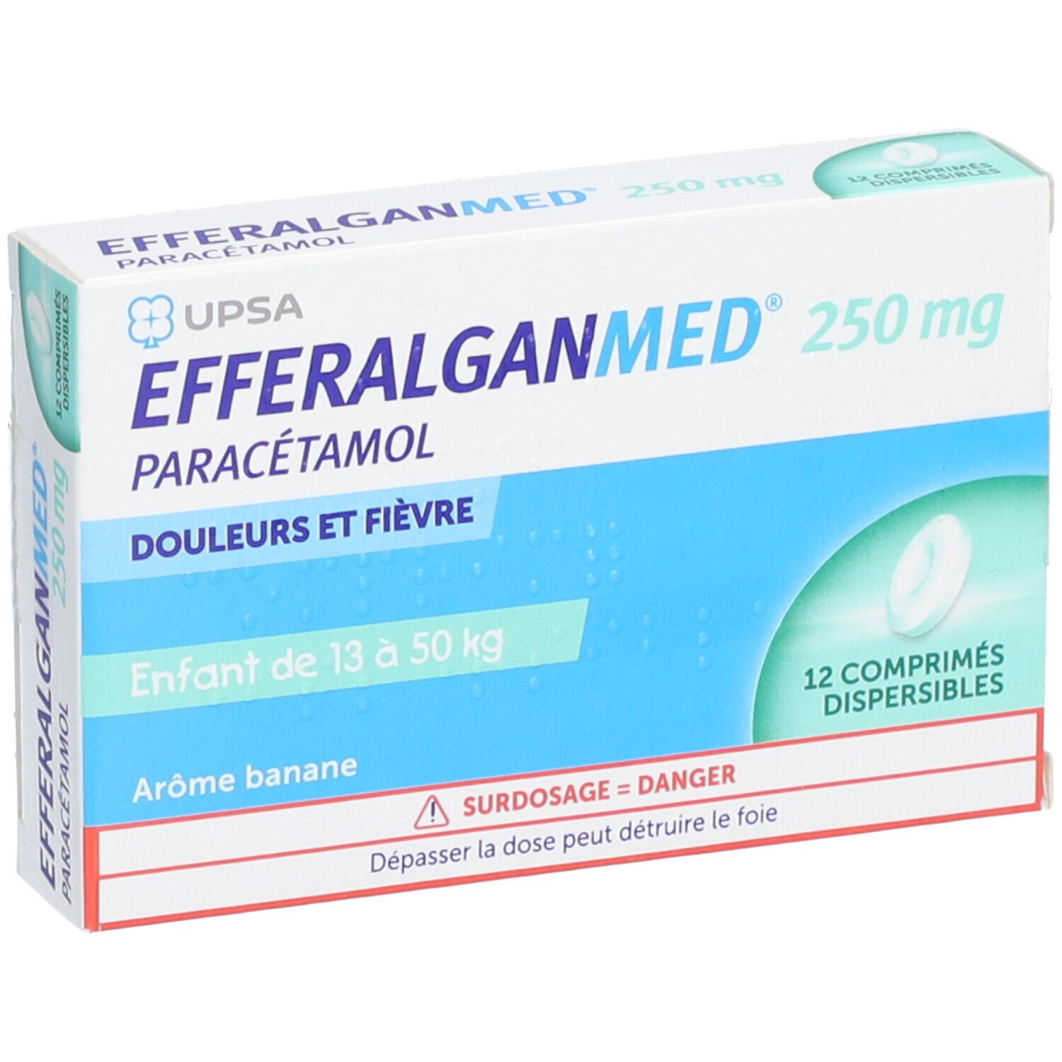 Boîte EFFERALGANMED 250 mg, paracétamol. Inscription: Douleurs et fièvre. 12 comprimés. Pour enfants de 13 à 50 kg.
