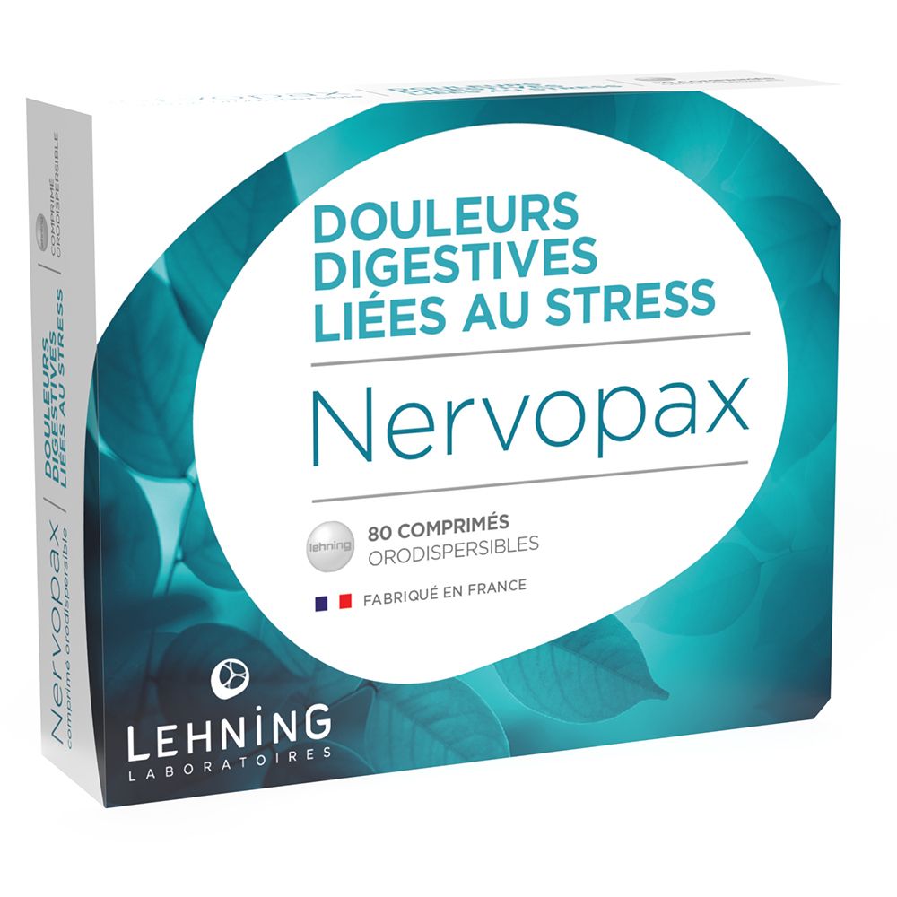Boîte de comprimés Nervopax. Inscription : 'Douleurs digestives liées au stress'. Marque : Lehning.