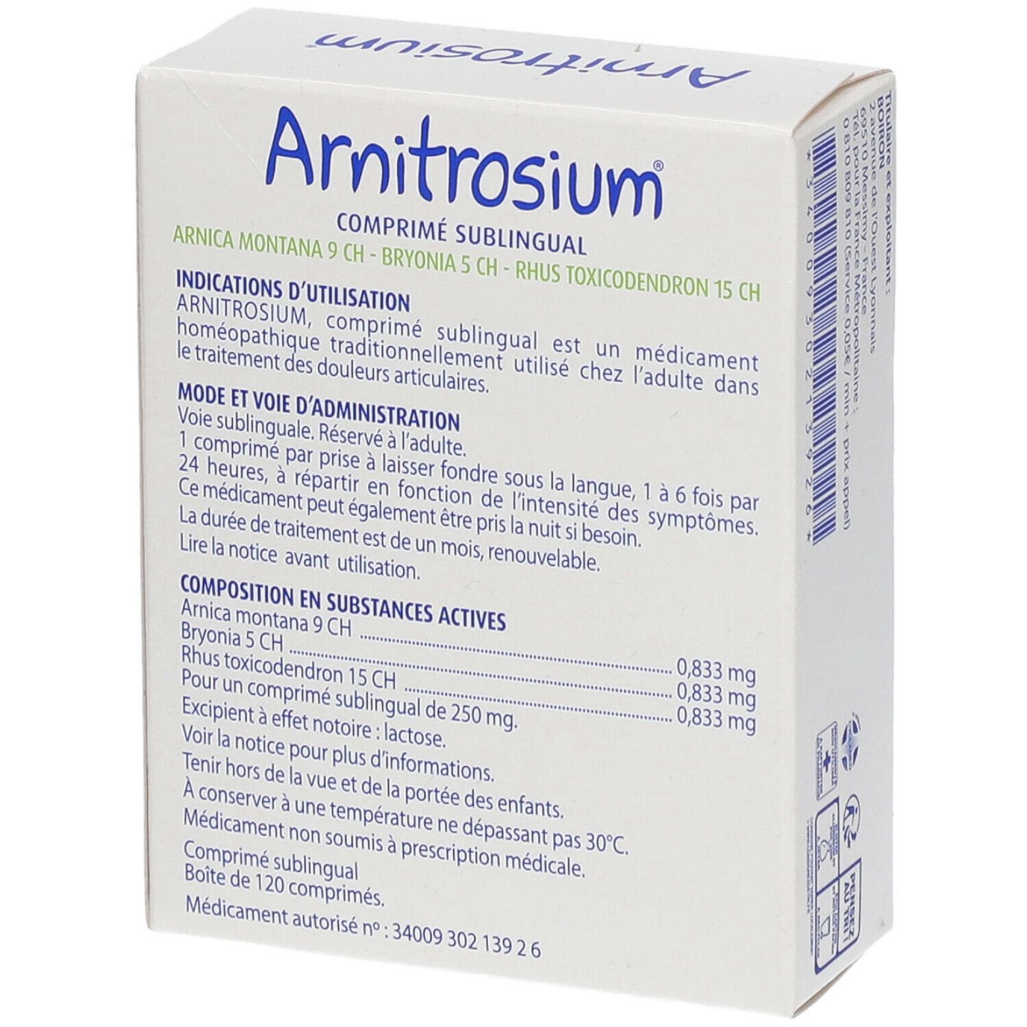 Dos de la boîte Arnitrosium. Texte: Mode d'emploi, composition, ingrédients. Marque BOIRON®.