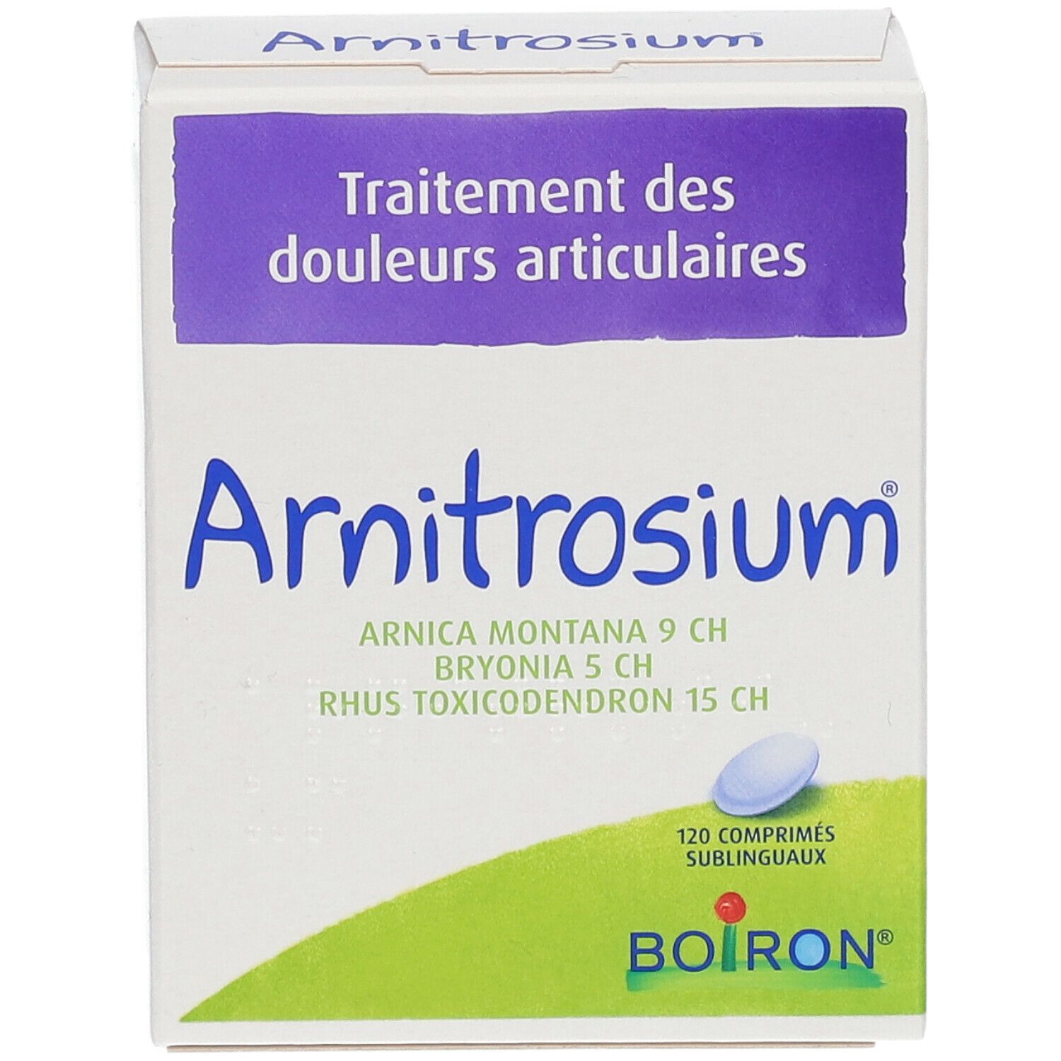 Boîte de comprimés Arnitrosium. Inscription: Traitement des douleurs articulaires. Marque BOIRON®.