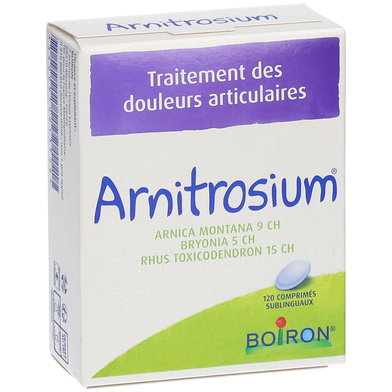 Boîte de comprimés Arnitrosium. Inscription: Traitement des douleurs articulaires. Marque BOIRON®.
