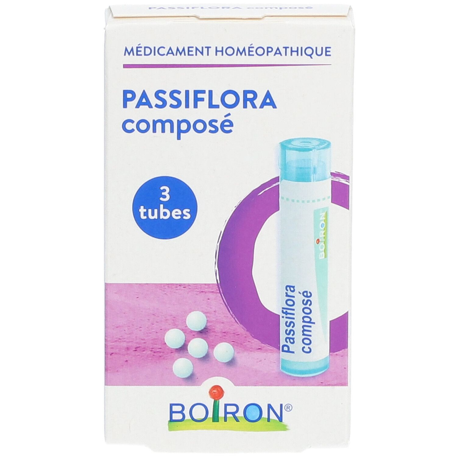 Boîte PASSIFLORA composé avec 3 tubes et globules. Logo BOIRON en bas.