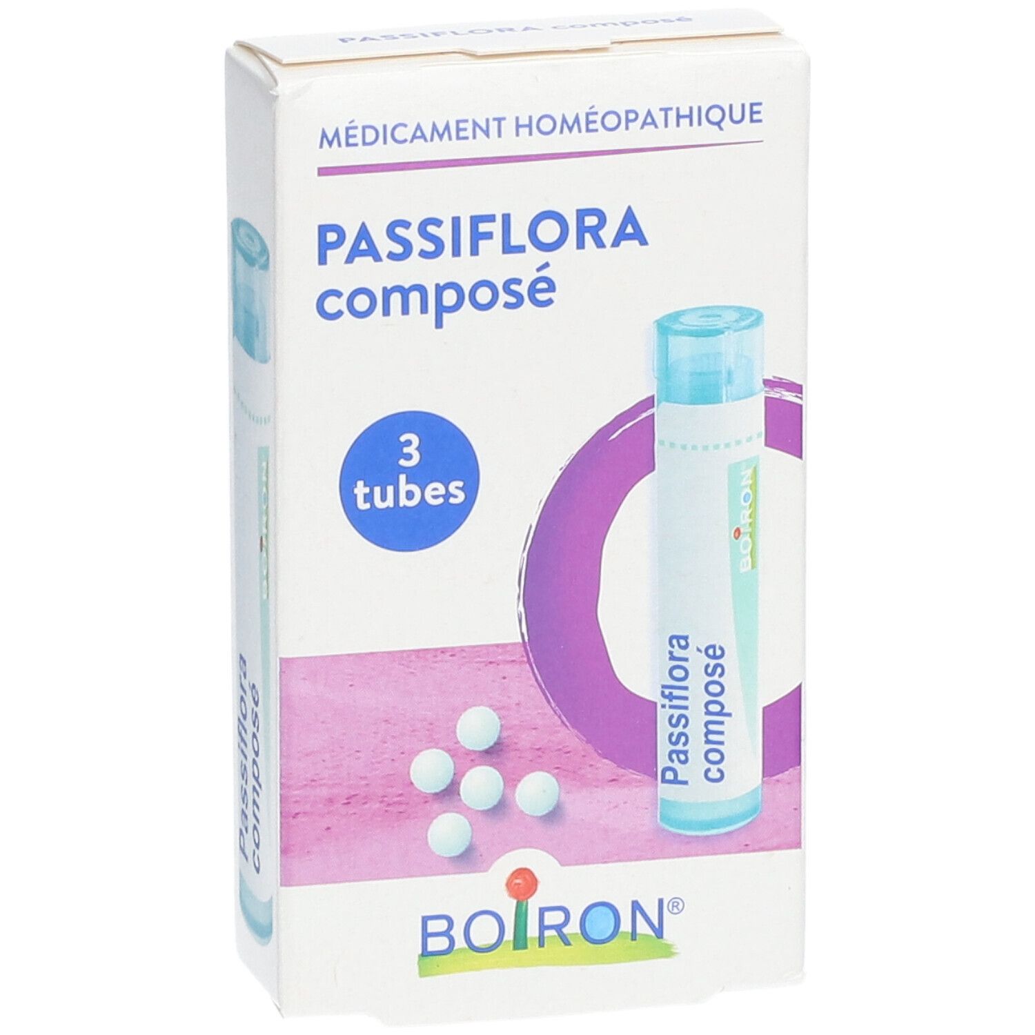 Boîte PASSIFLORA composé avec 3 tubes et globules. Logo BOIRON en bas.