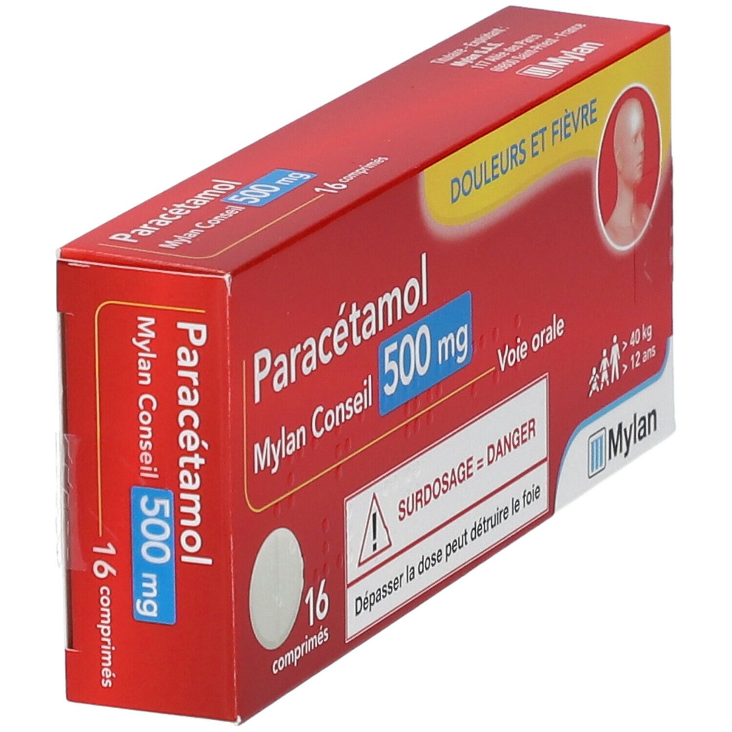 Boîte de Paracétamol Mylan Conseil 500 mg. Emballage rouge, 16 comprimés. Avertissement : Surdosage = DANGER. Logo Mylan.