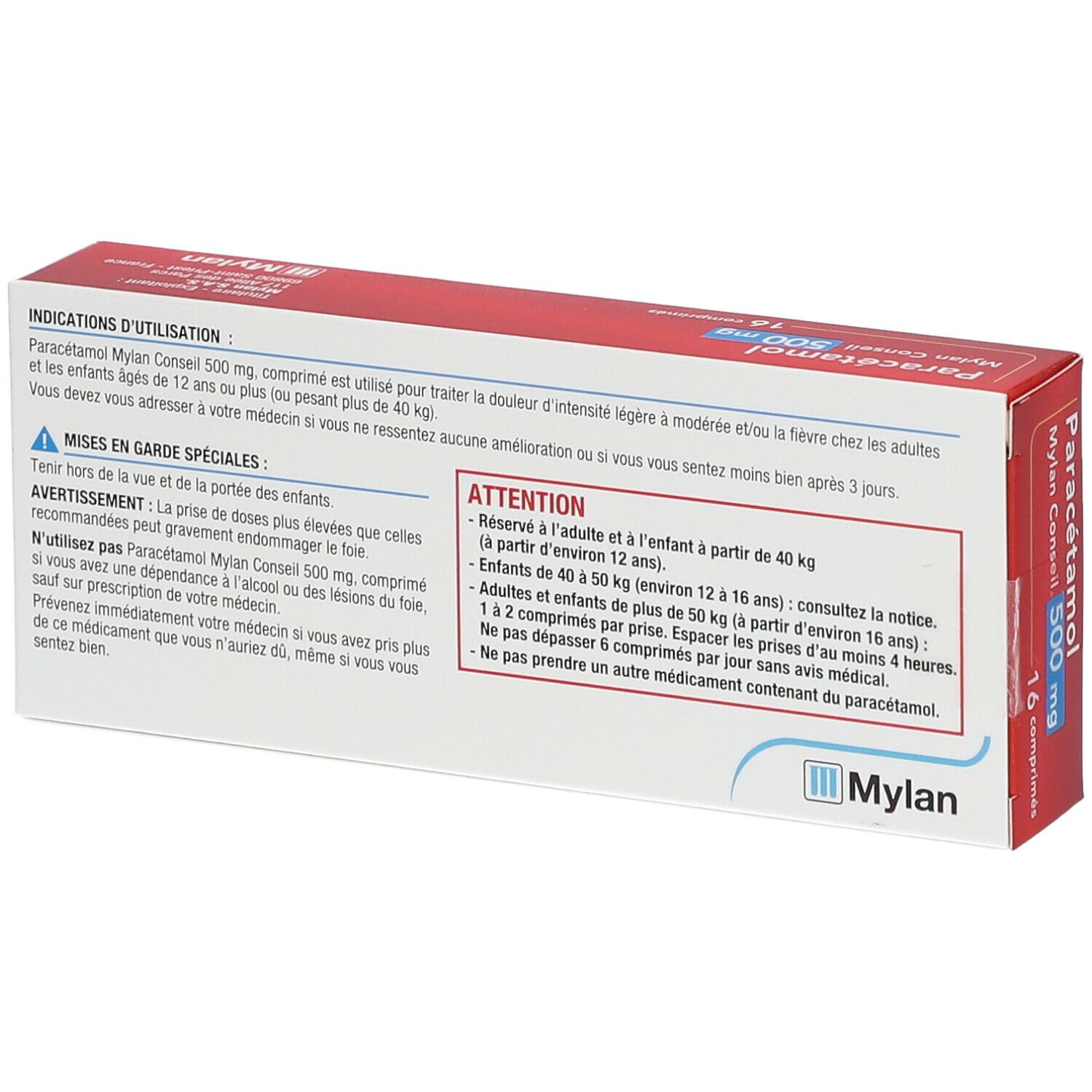 Dos de la boîte de Paracétamol Mylan Conseil 500 mg. Texte : Indications, précautions, avertissements. Logo Mylan.
