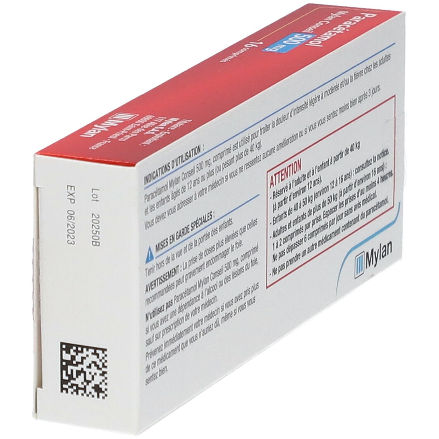 Dos de la boîte de Paracétamol Mylan Conseil 500 mg. Texte et code QR. Date de péremption. Logo Mylan.