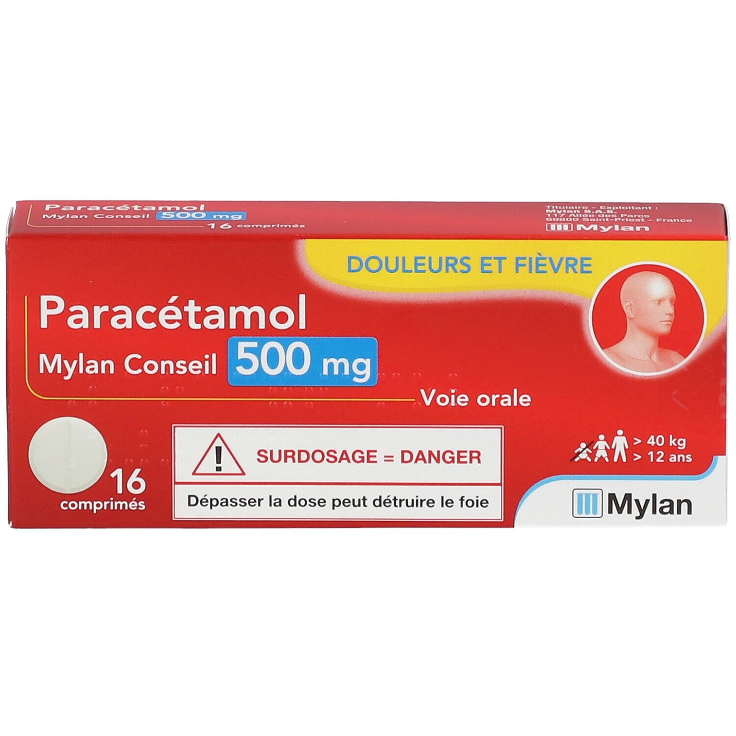 Boîte de Paracétamol Mylan Conseil 500 mg. Emballage rouge, 16 comprimés. Avertissement : Surdosage = DANGER. Logo Mylan.